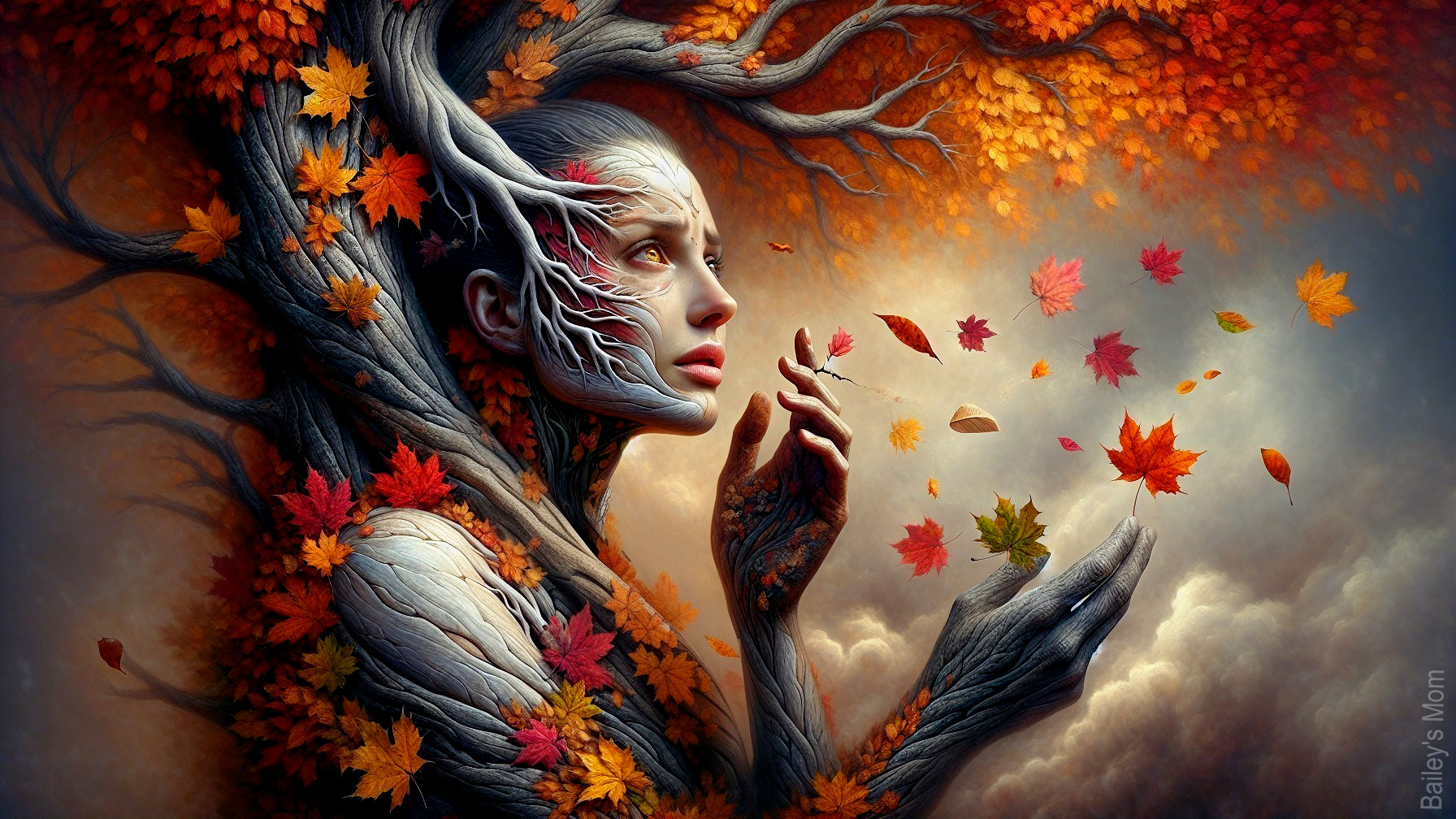 Woman Merging with Tree in Autumn Landscape