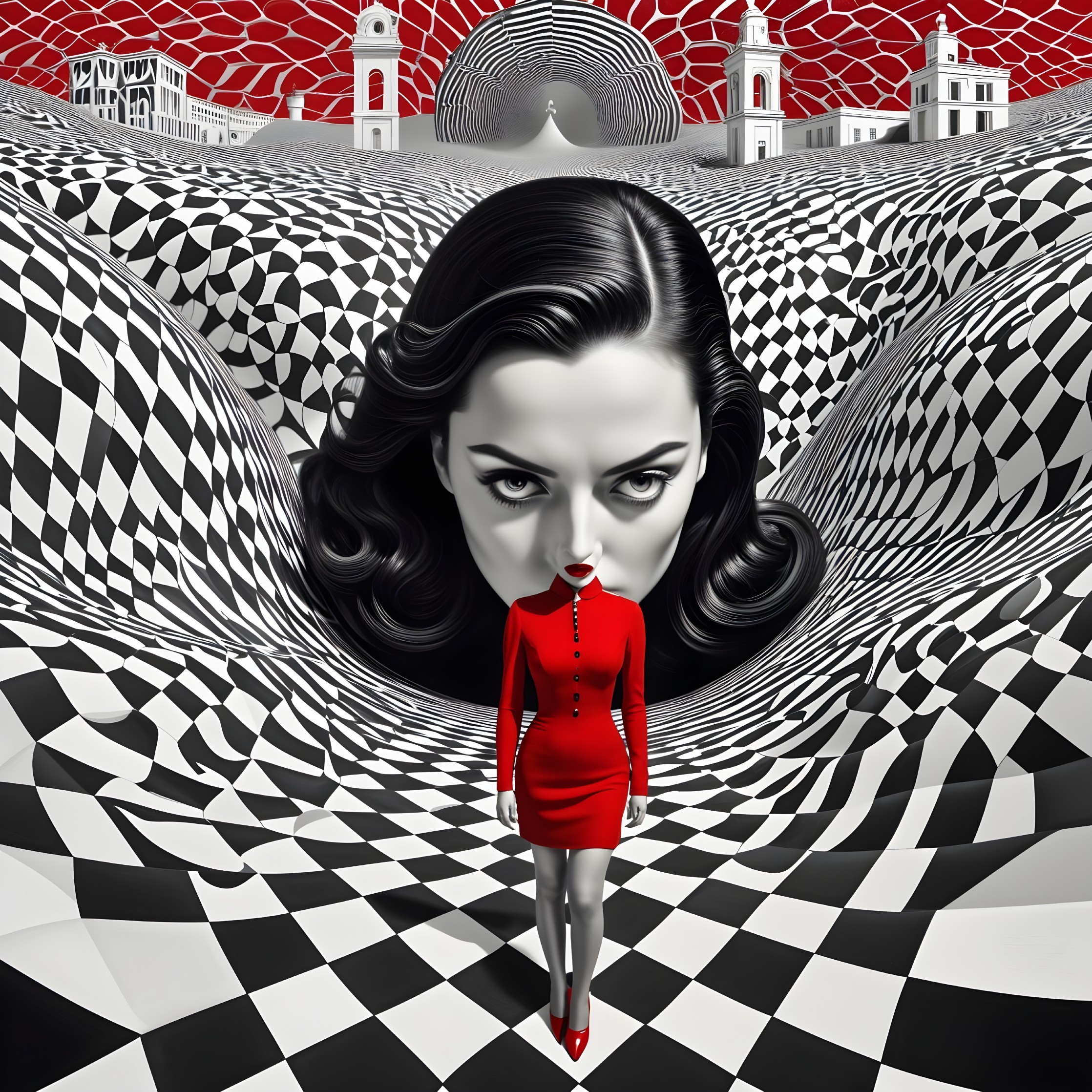 Black-and-white landscape with surreal checkered pattern