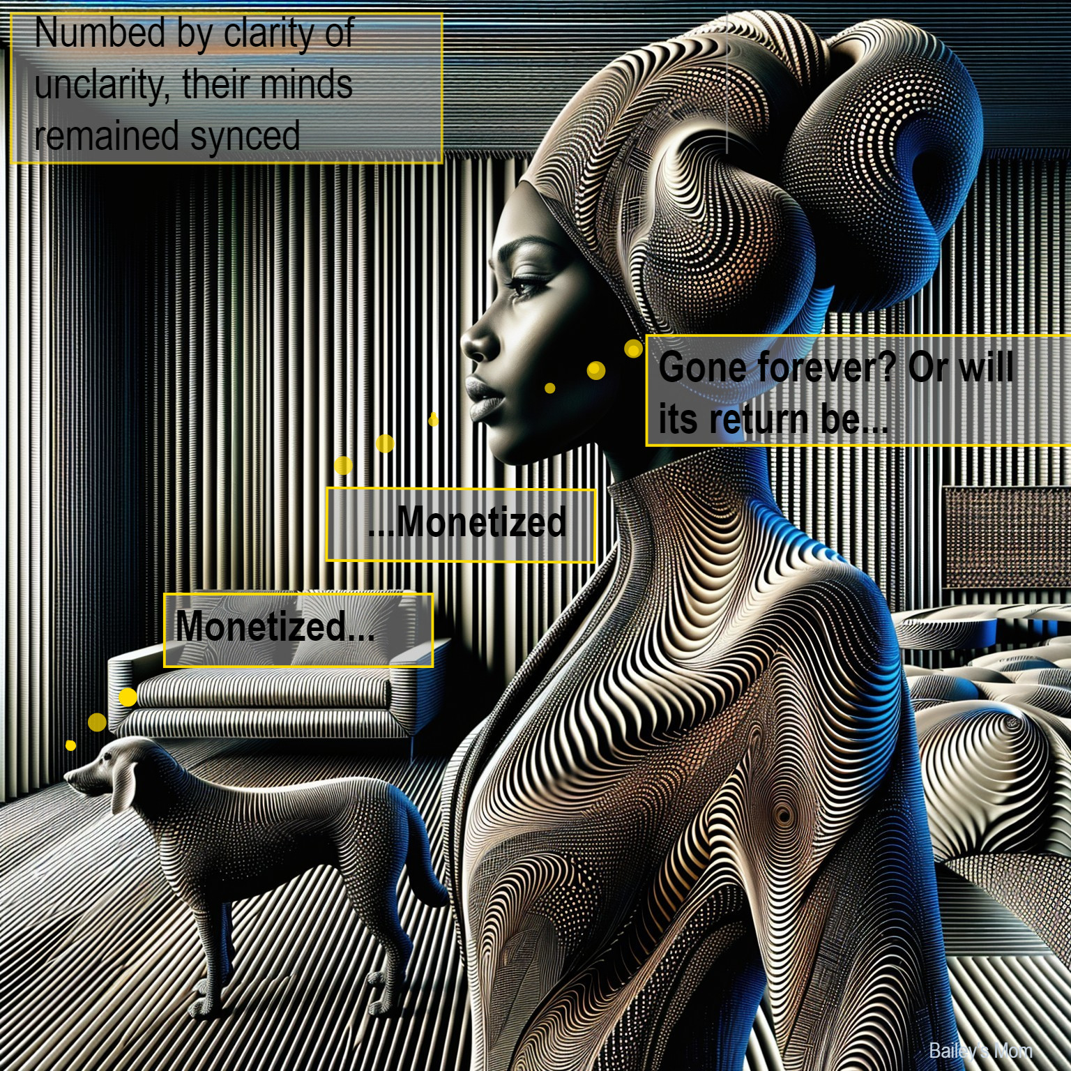 Stylized Woman Figure with Patterns and Thought Bubbles