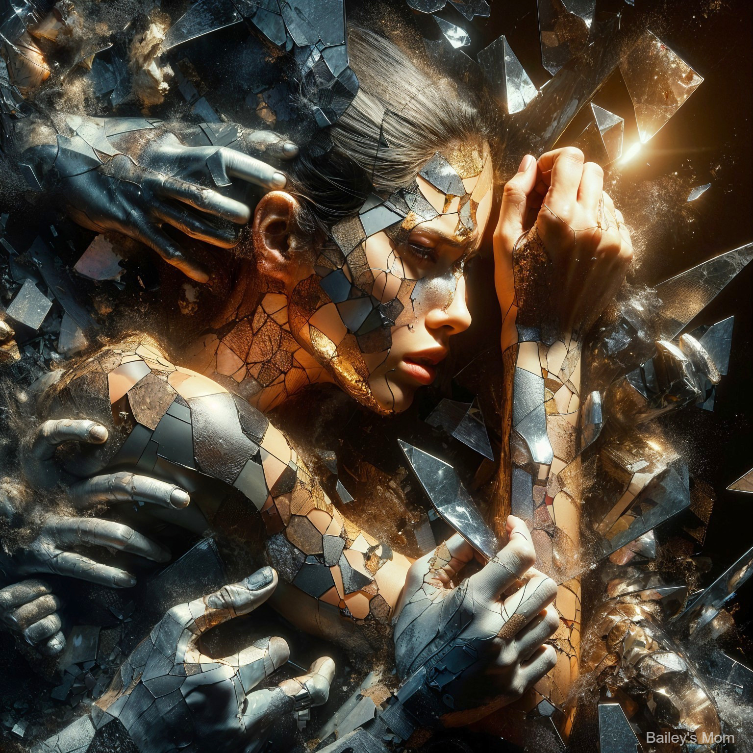 Surreal Scene of Woman Encased in Fragmented Glass
