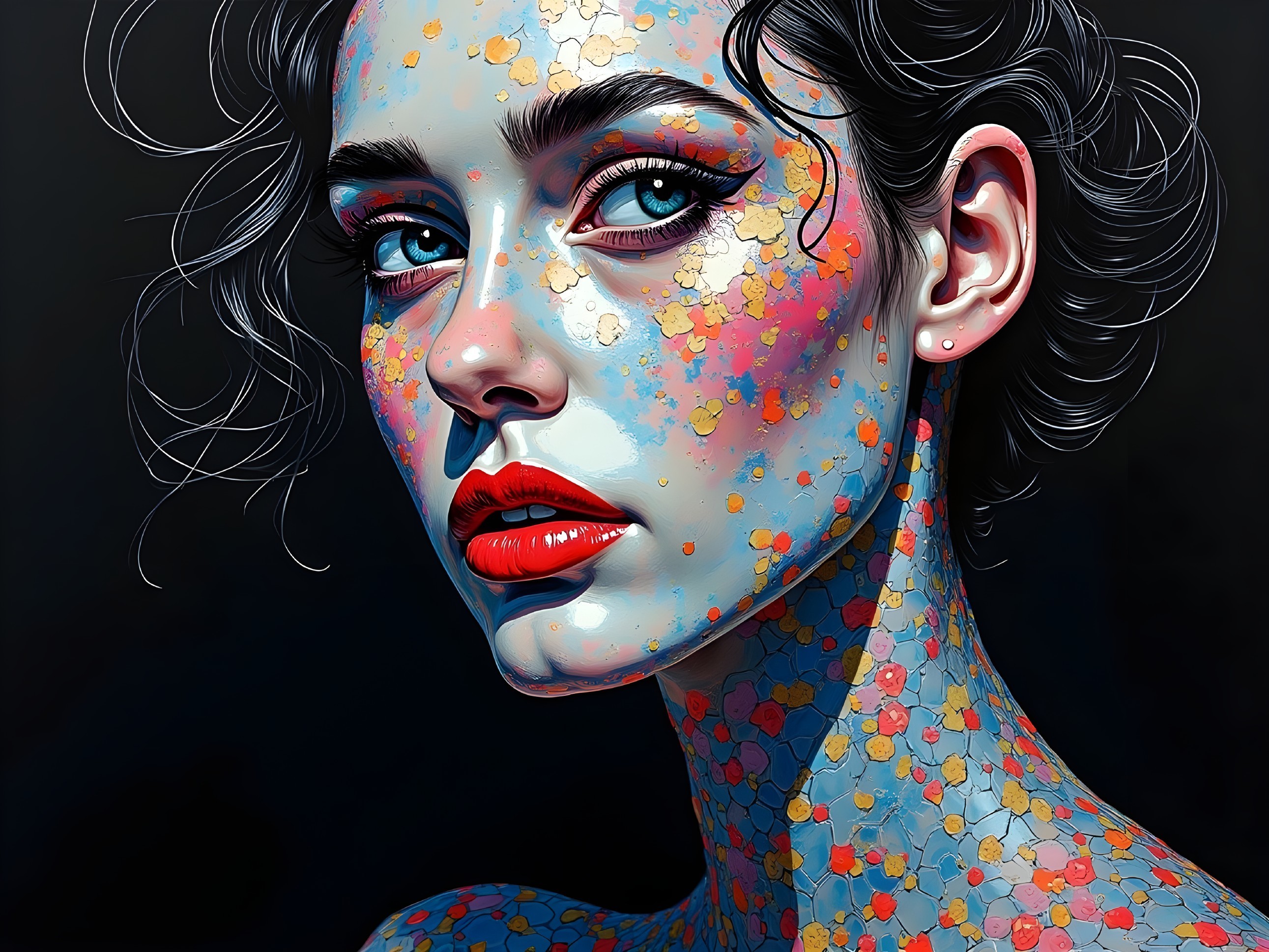 Portrait of a Woman with Blue Eyes and Floral Patterns