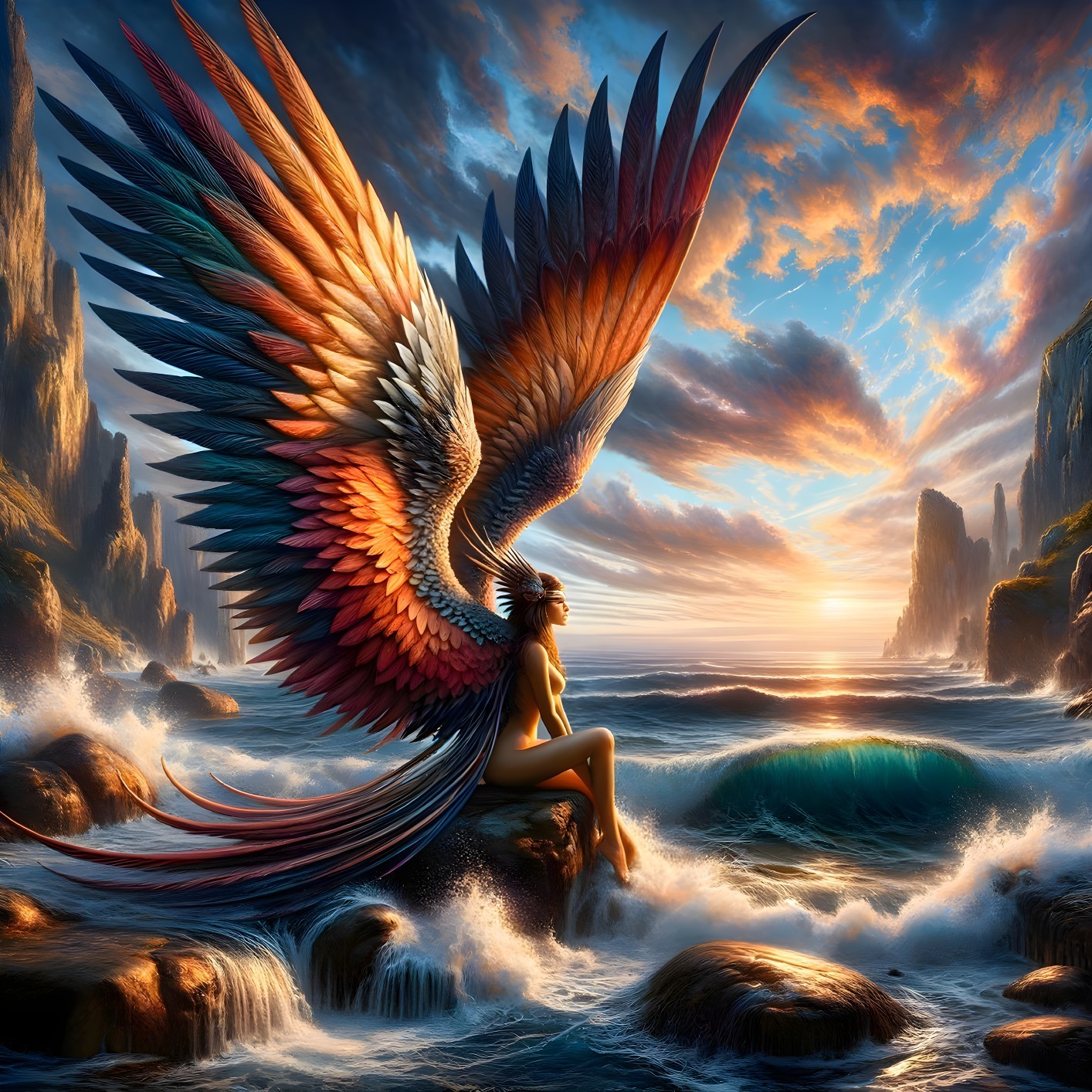 Sunset Scene with Woman and Colorful Feathered Wings
