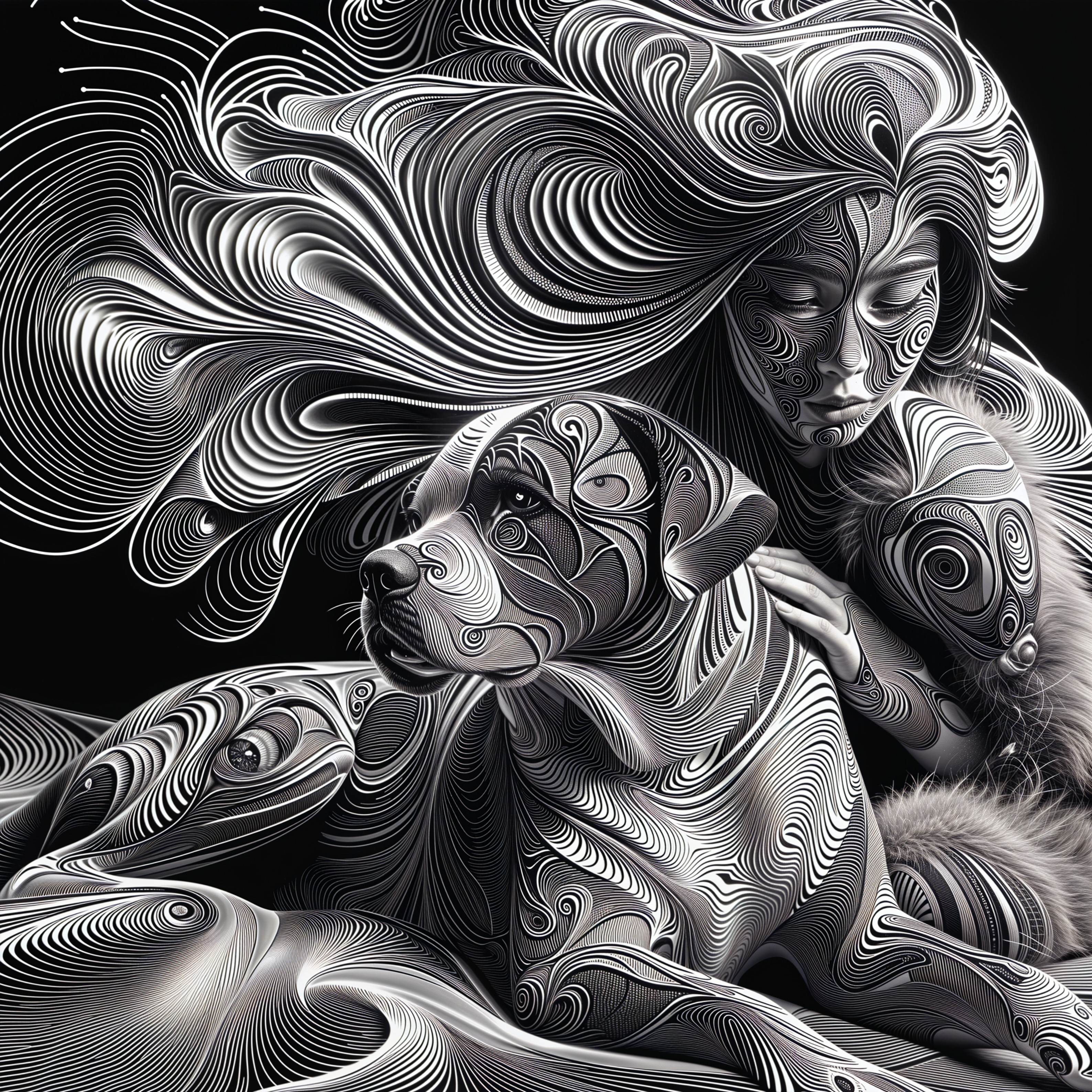 Monochromatic Artwork of Woman Embracing Dog