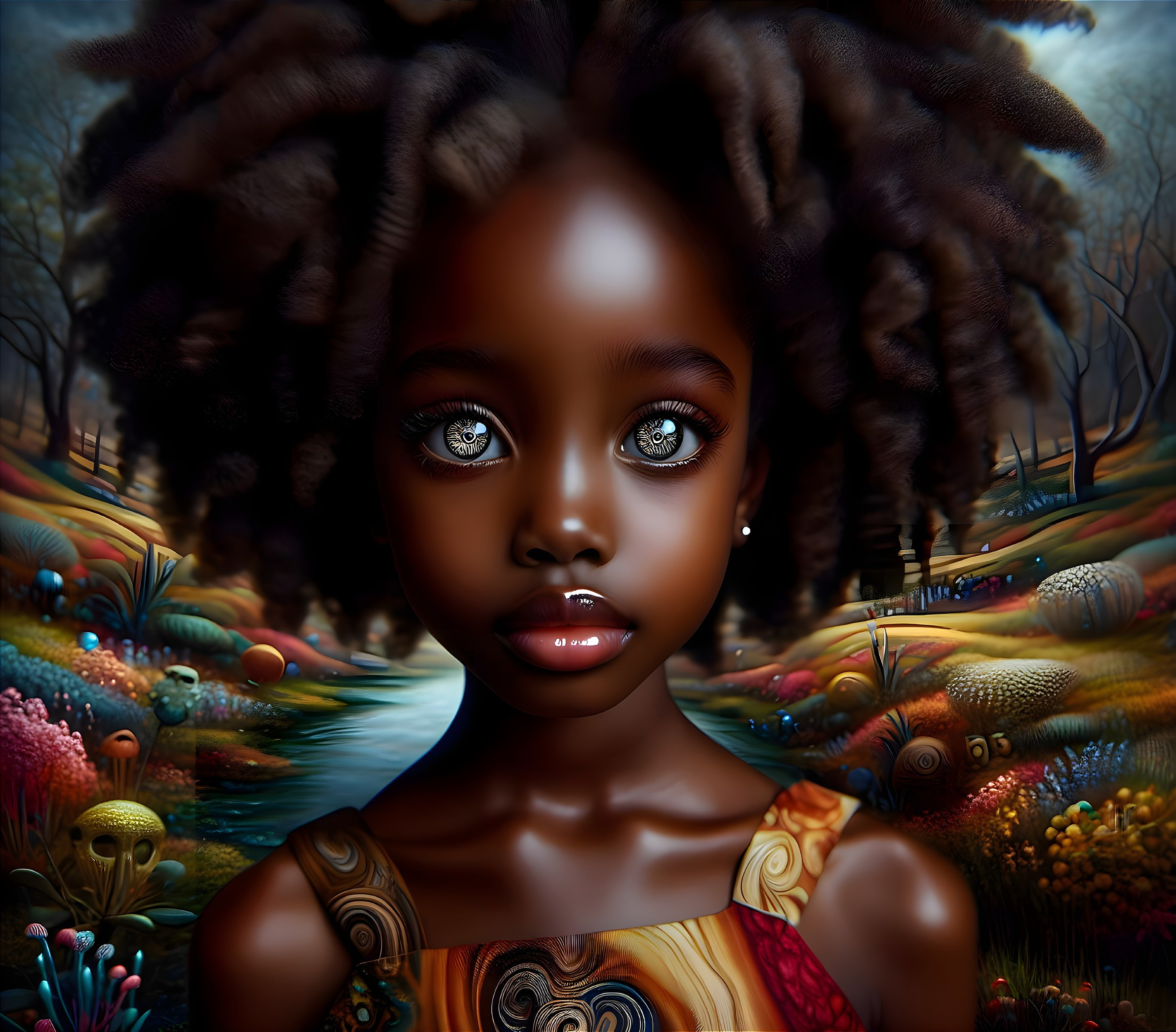 Young girl with large eyes in vibrant landscape portrait