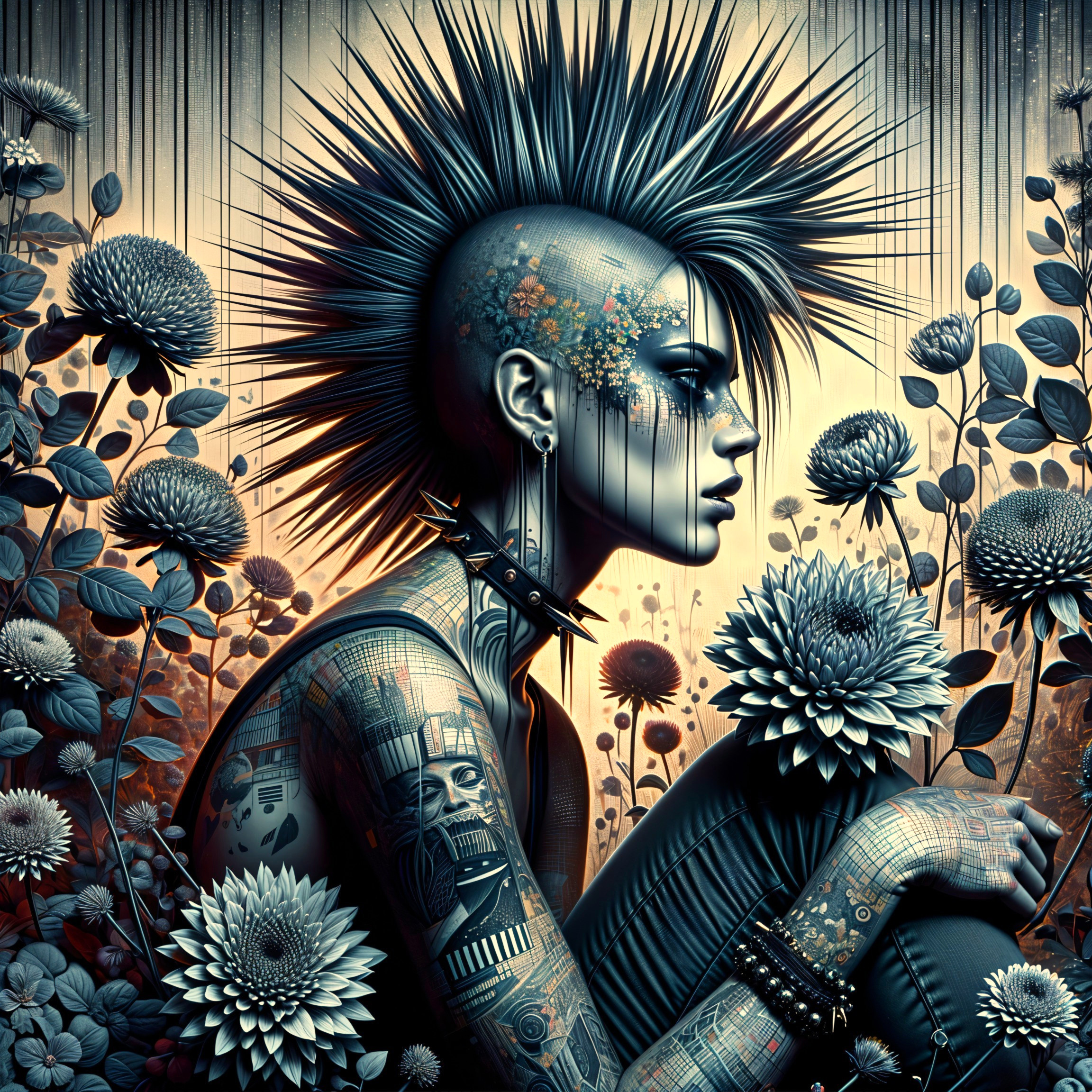 Punk-Inspired Figure with Tattoos and Flowers