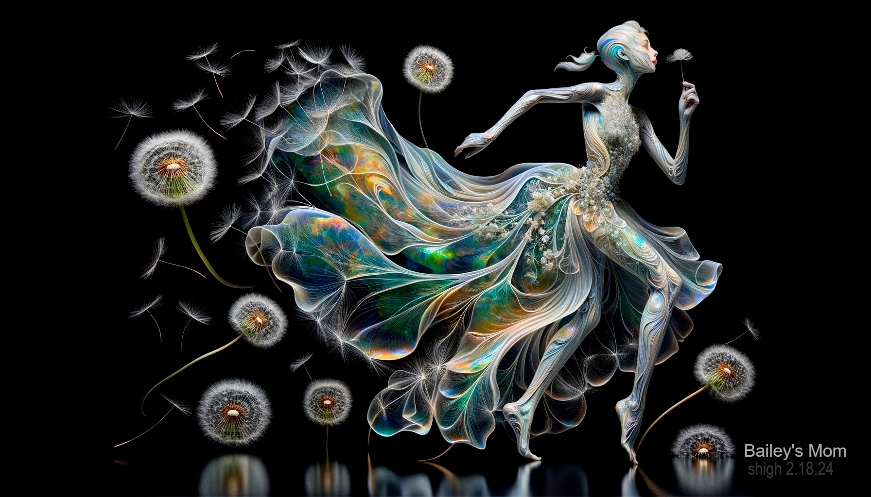 Graceful Dance with Iridescent Gown and Dandelion Puffs
