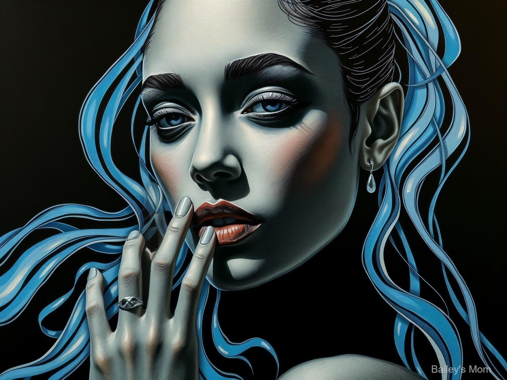 Close-up of a woman with glossy blue hair and jewelry