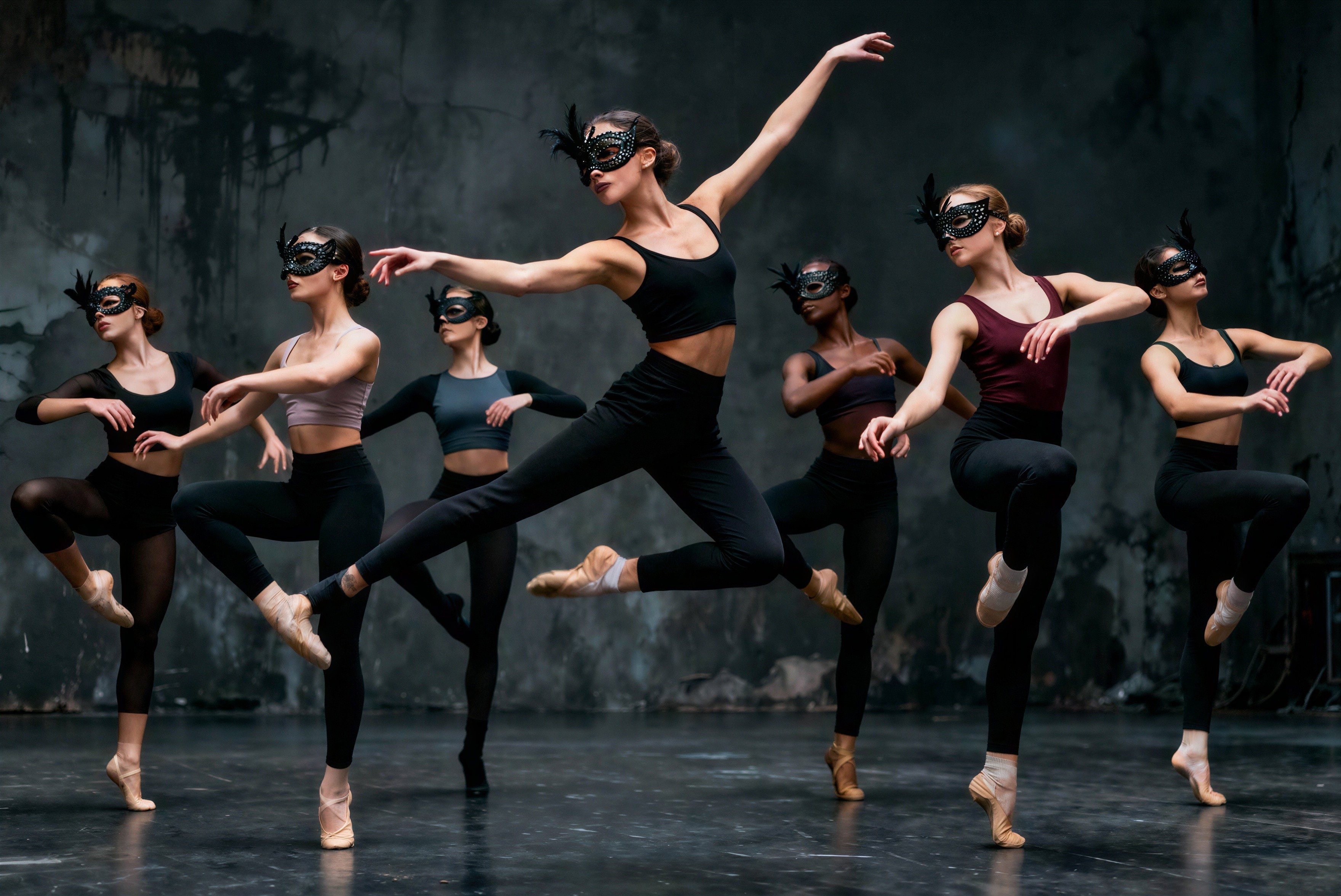 Seven Ballerinas in Black Costumes Perform Ballet on Stage