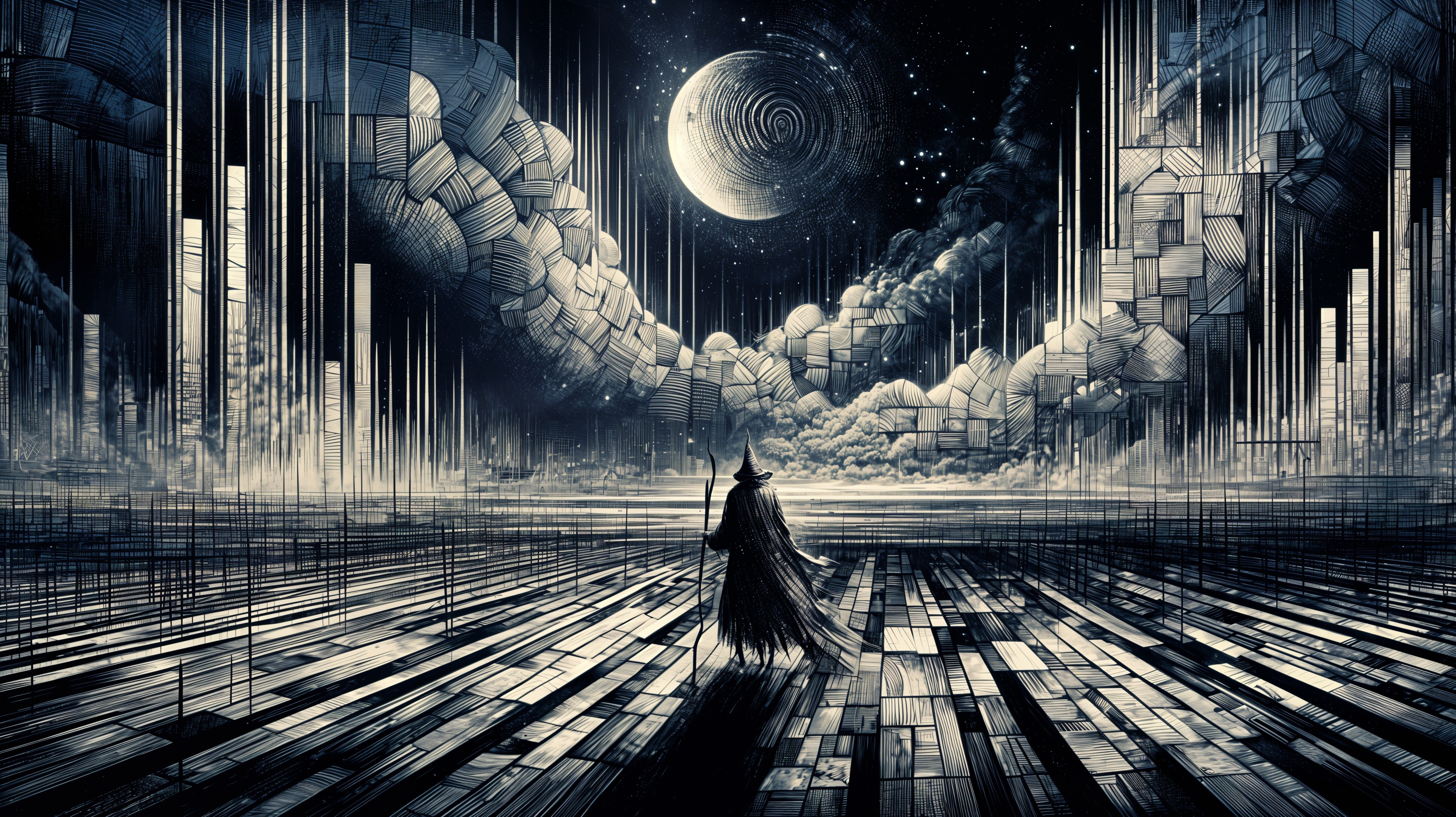 Cloaked Figure on Wooden Path in Surreal Landscape