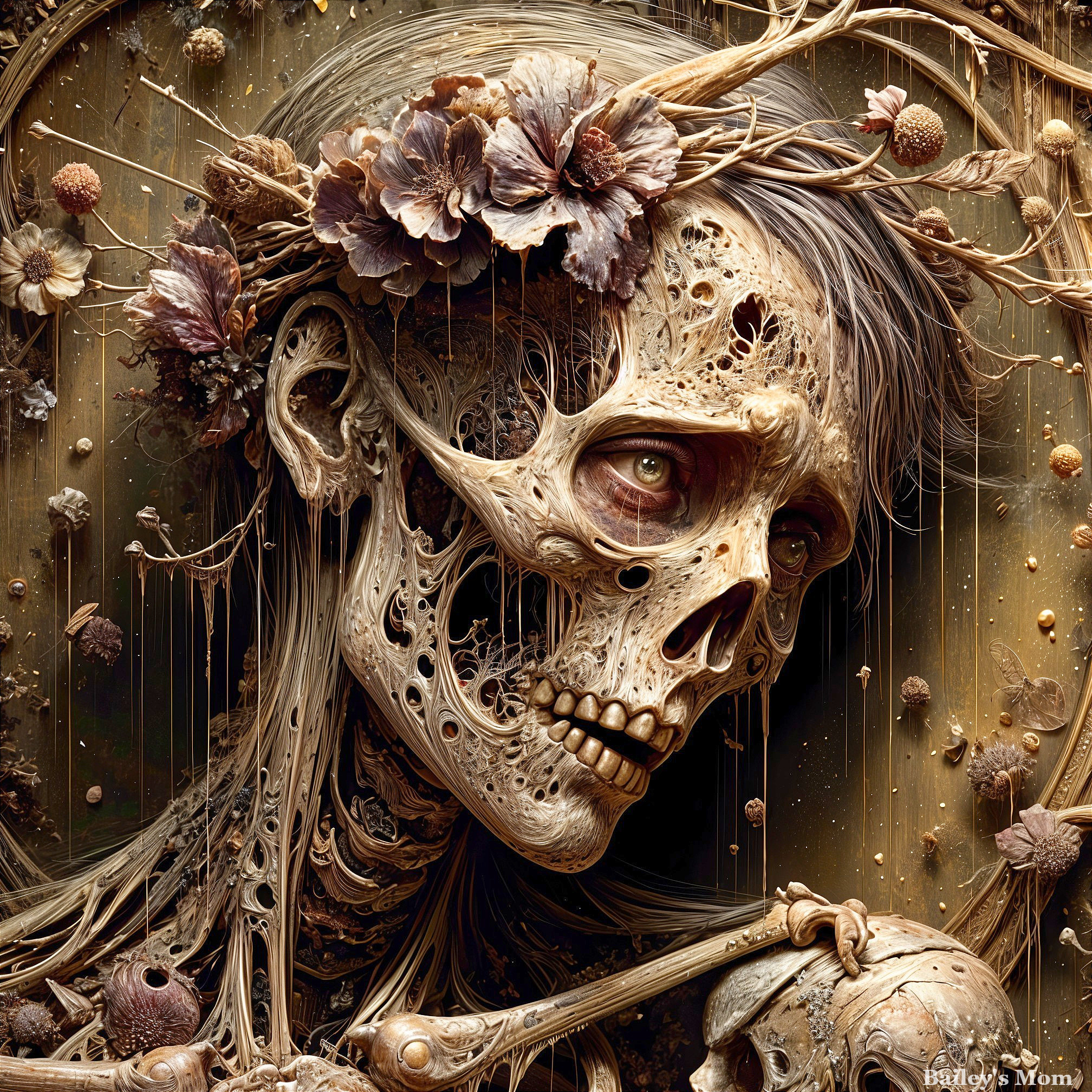 Intricate Skeletal Figure with Flowers and Vines