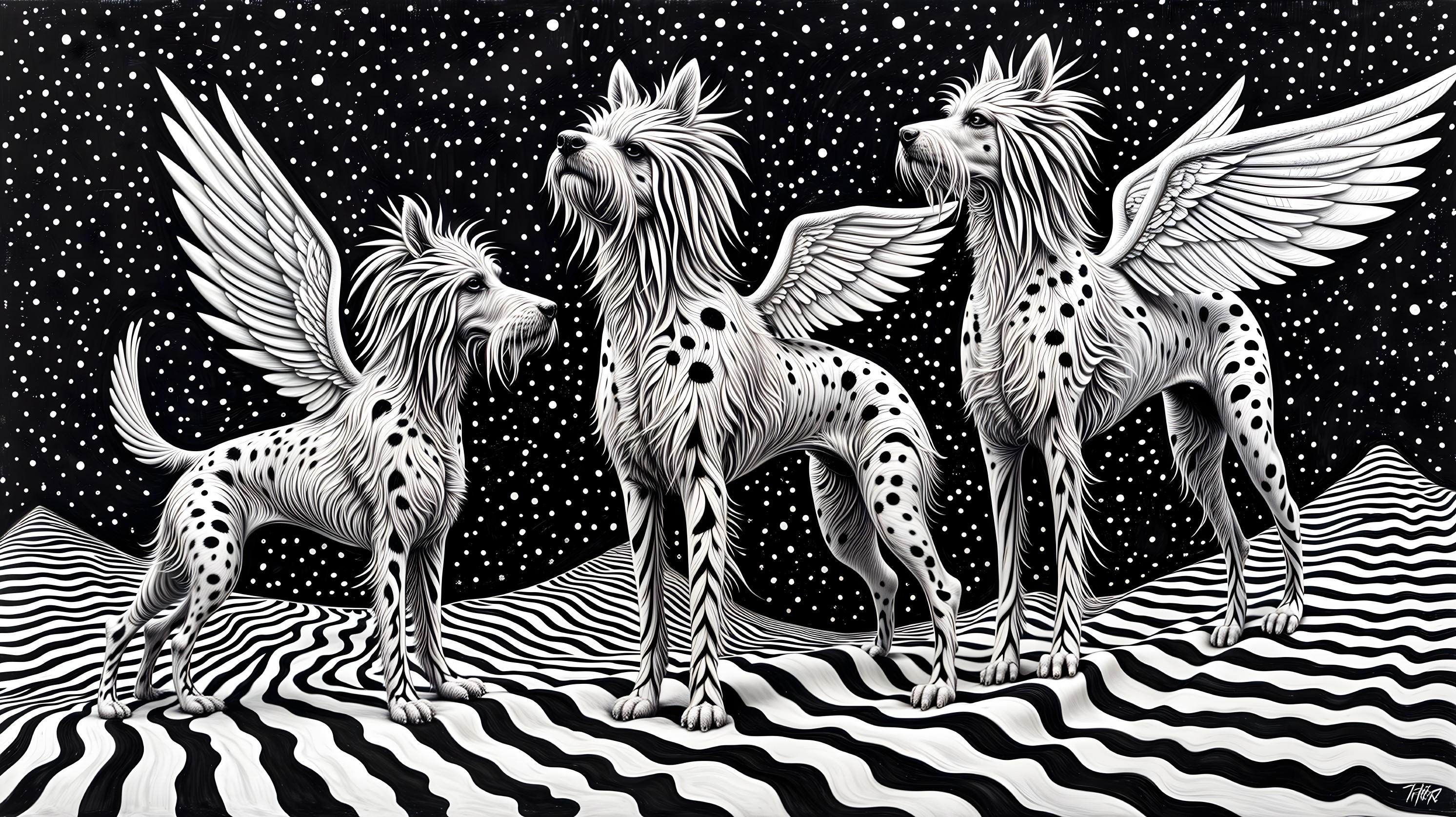 Stylized Dogs with Wings in Surreal Landscape