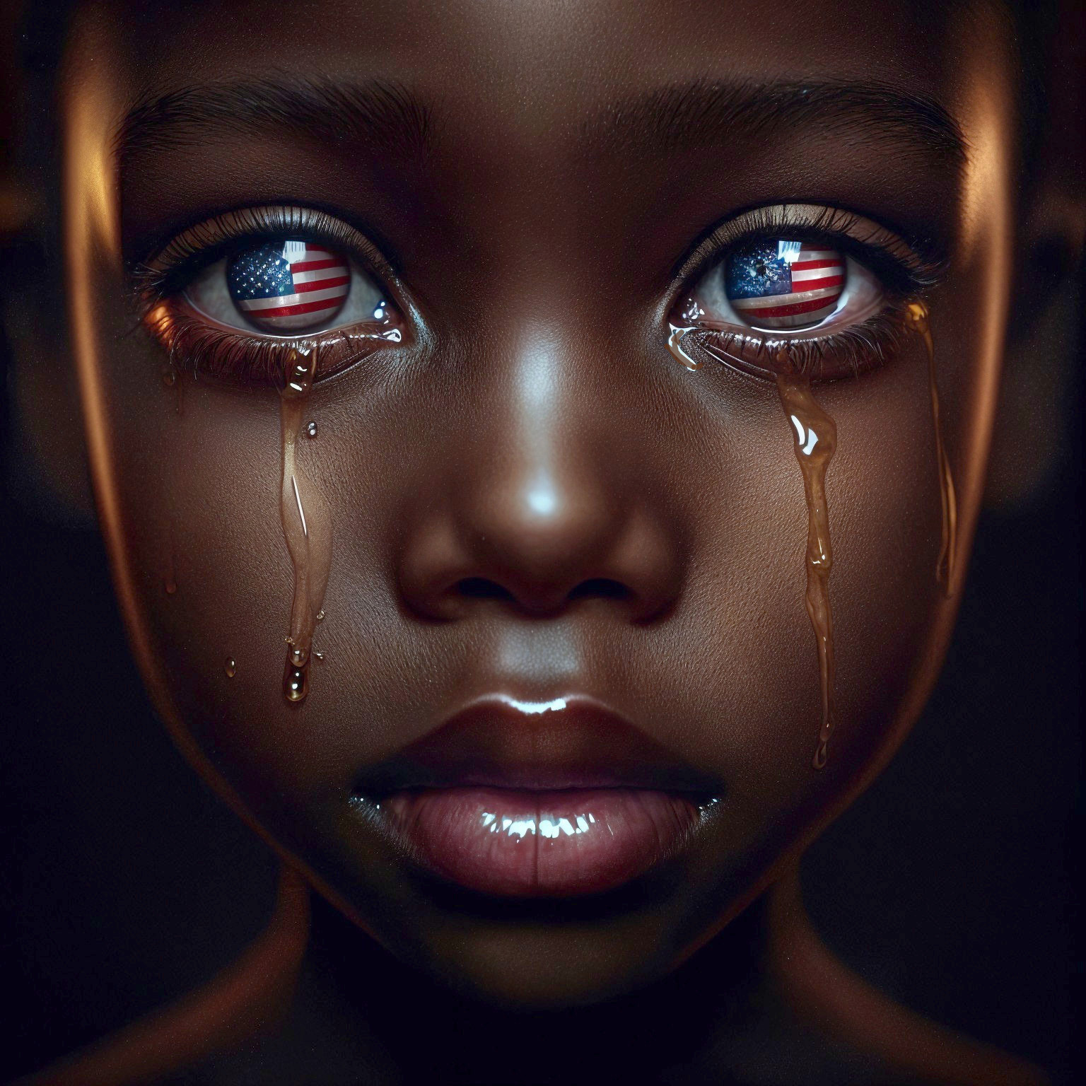 Close-up of a child's face with American flag reflection