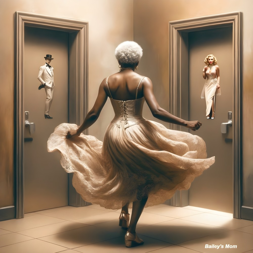 Vintage Gown in Hallway with Two Doors and Characters