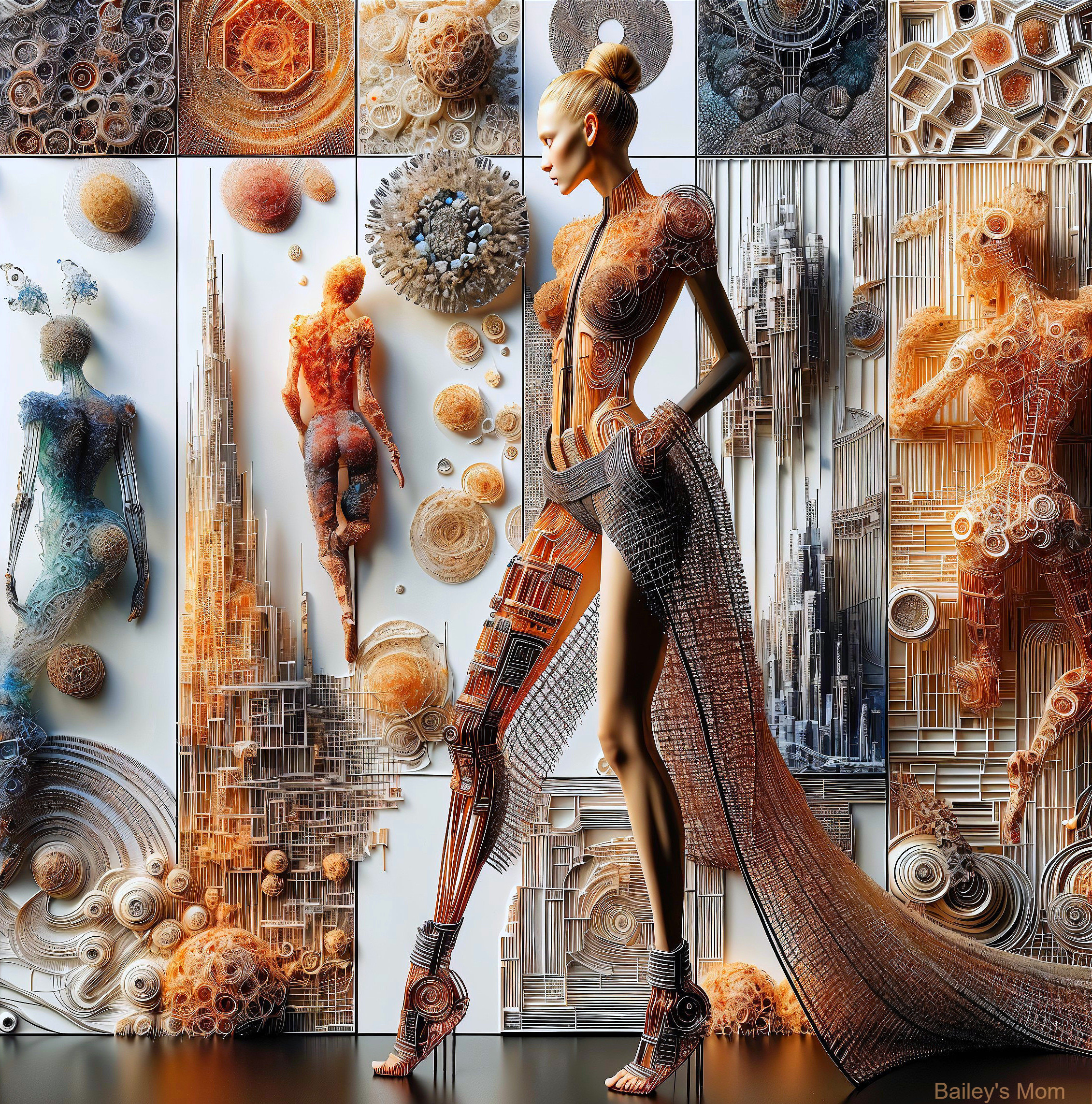 Futuristic Scene with Robotic Figure and Geometric Patterns
