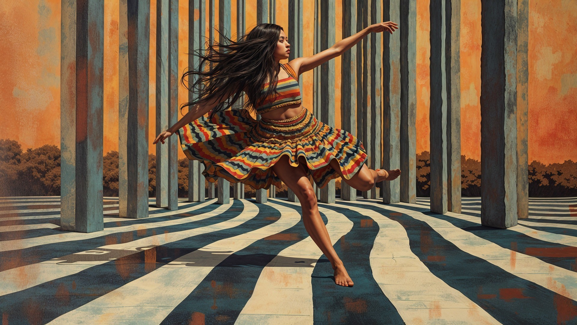 Dancer in Colorful Dress Twirling on Striped Floor