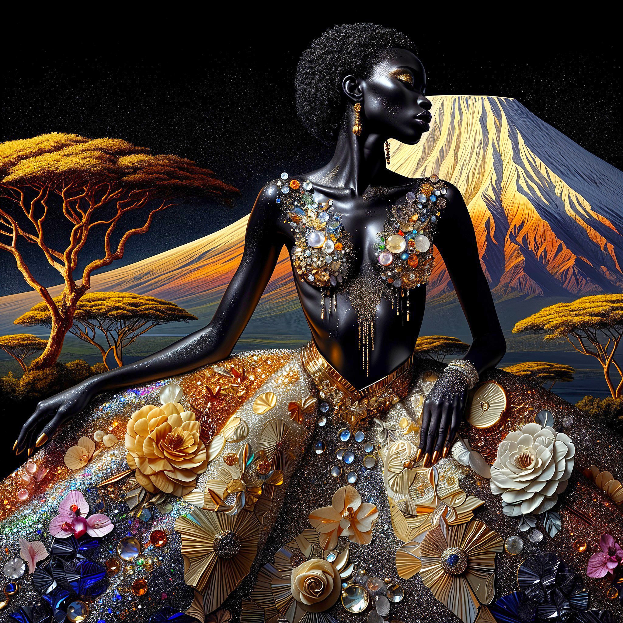 Elegant Gown with Floral Design Against Mountain Backdrop