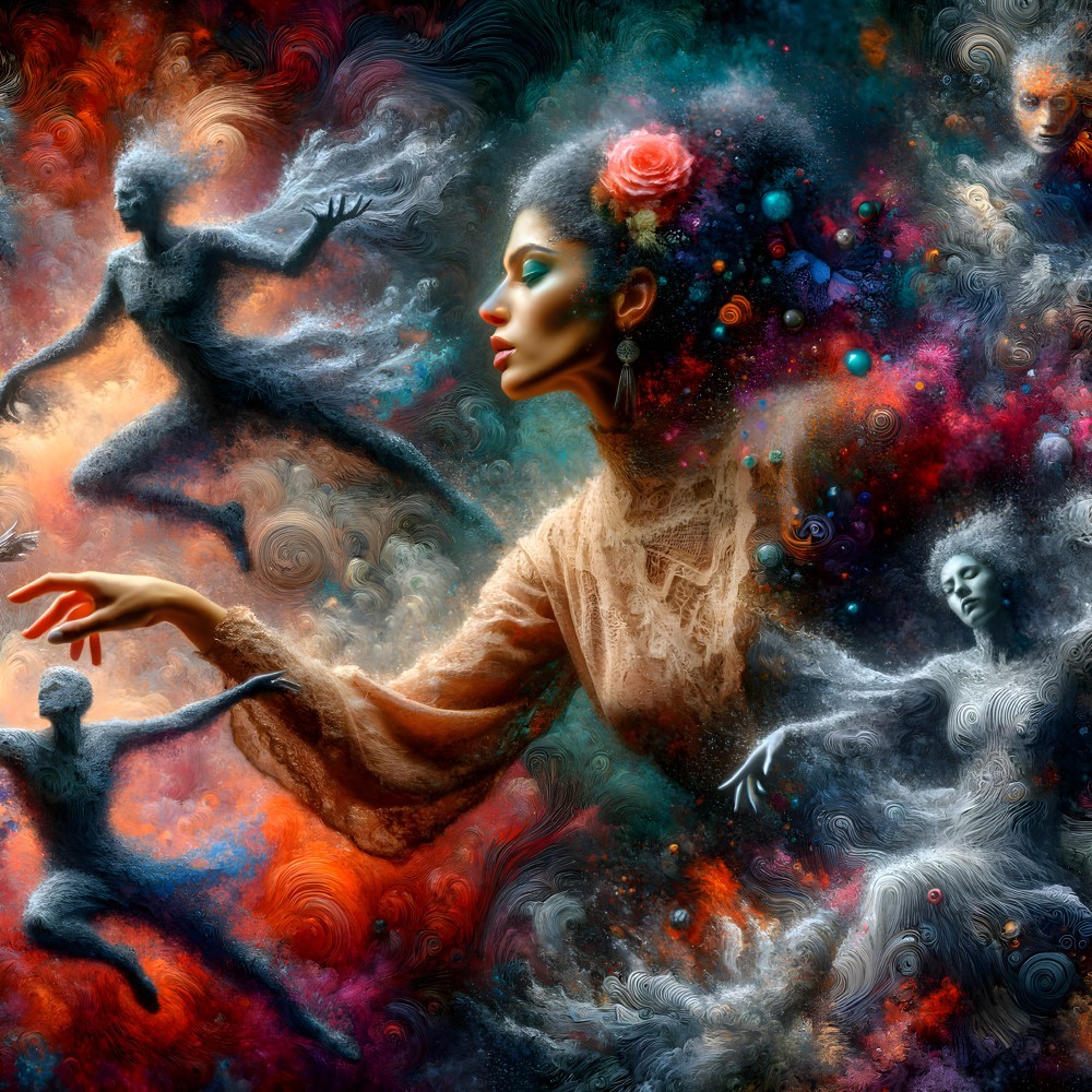 Surreal Scene of a Flower-Adorned Woman and Ethereal Figures