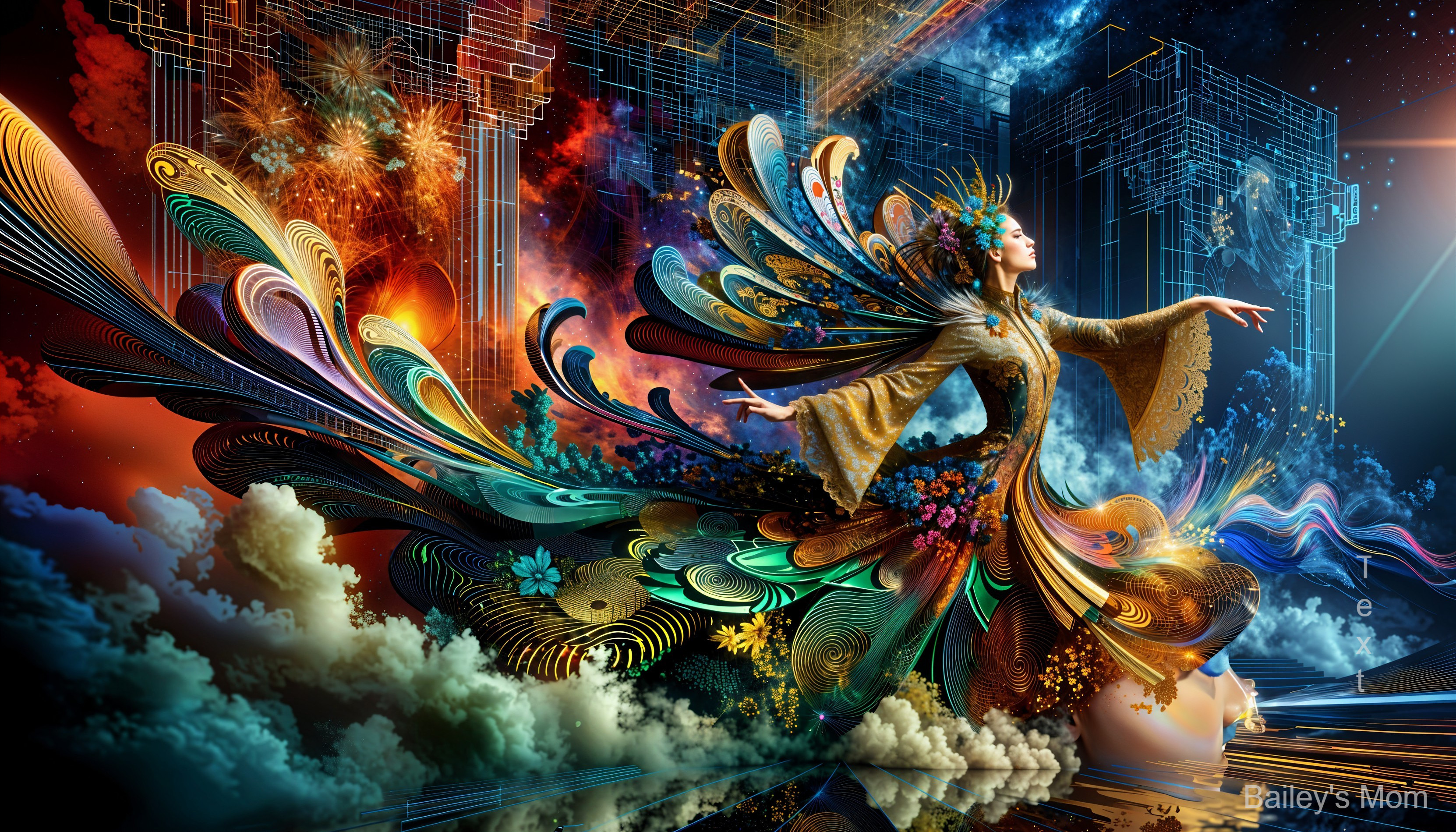 Ethereal Figure in Colorful Garments and Cosmic Patterns