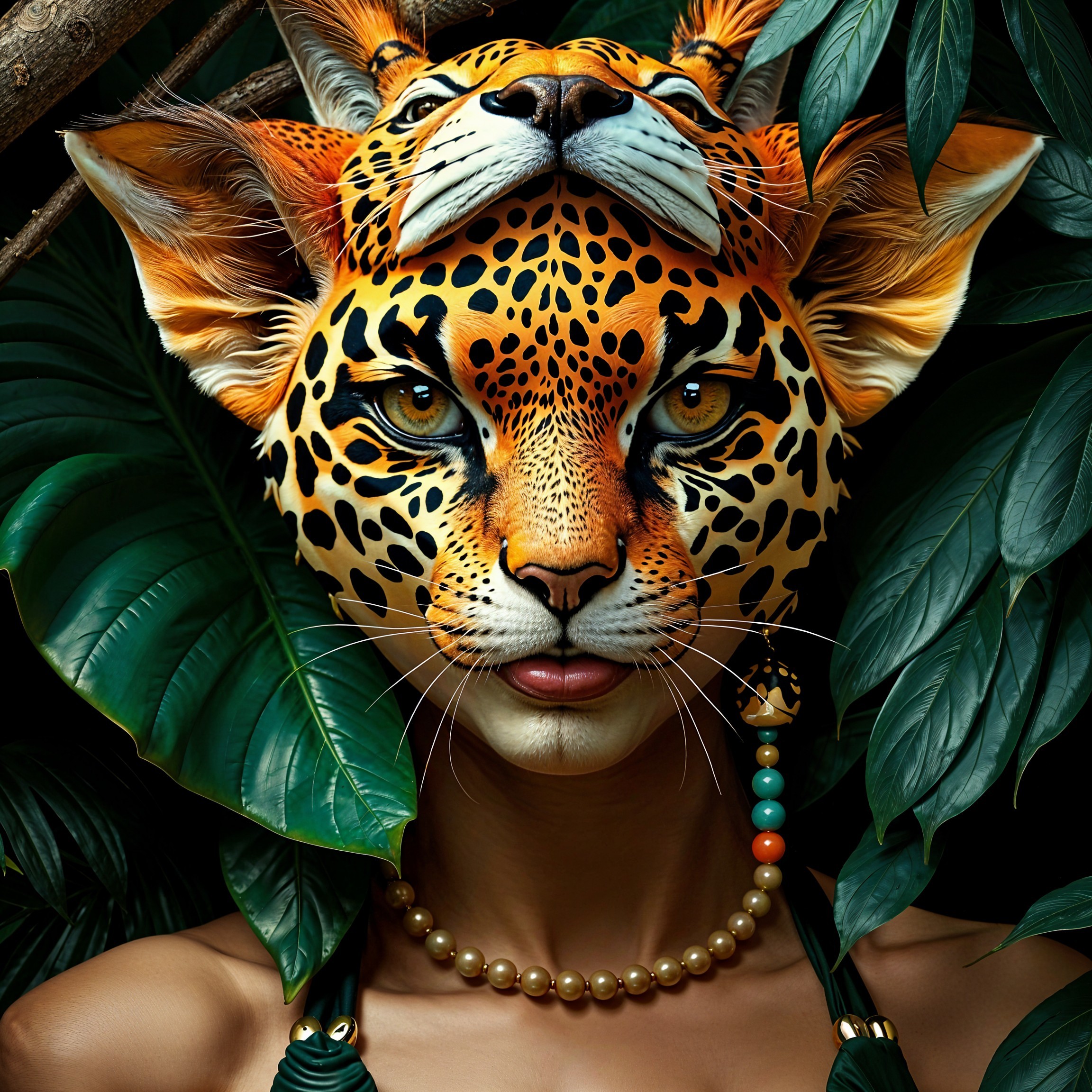Woman in Jaguar Mask Surrounded by Jungle Foliage