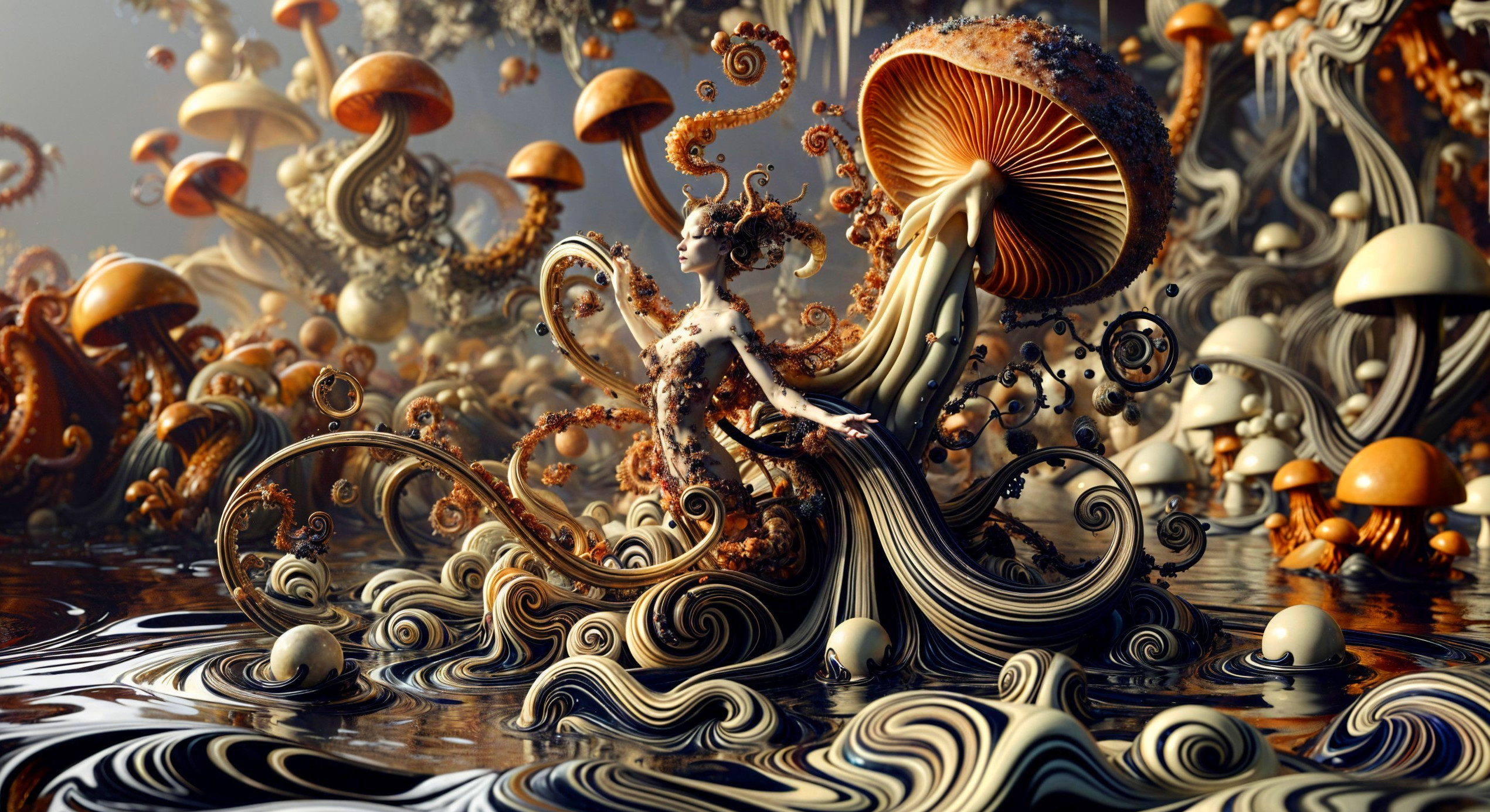 Intricate Figure Amid Surreal Mushrooms and Forms