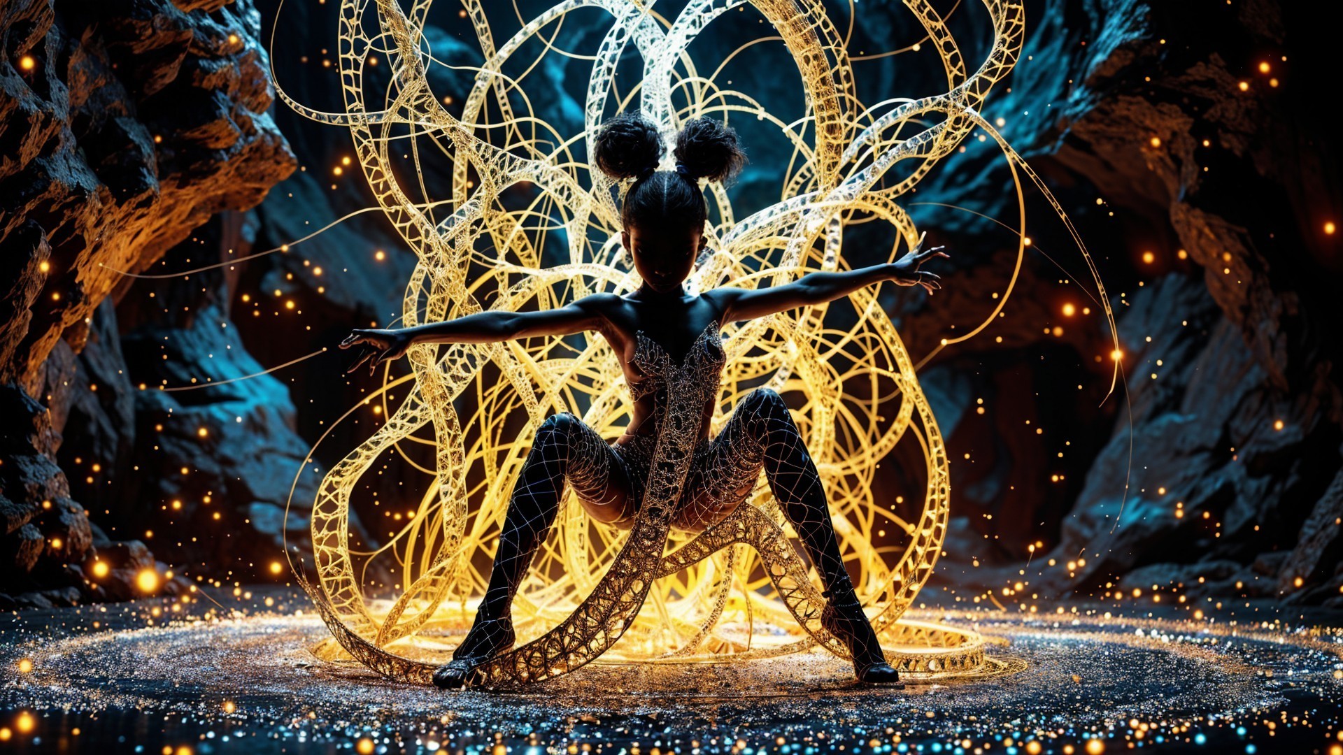 Dramatic Dancer Silhouette in Golden Light Patterns