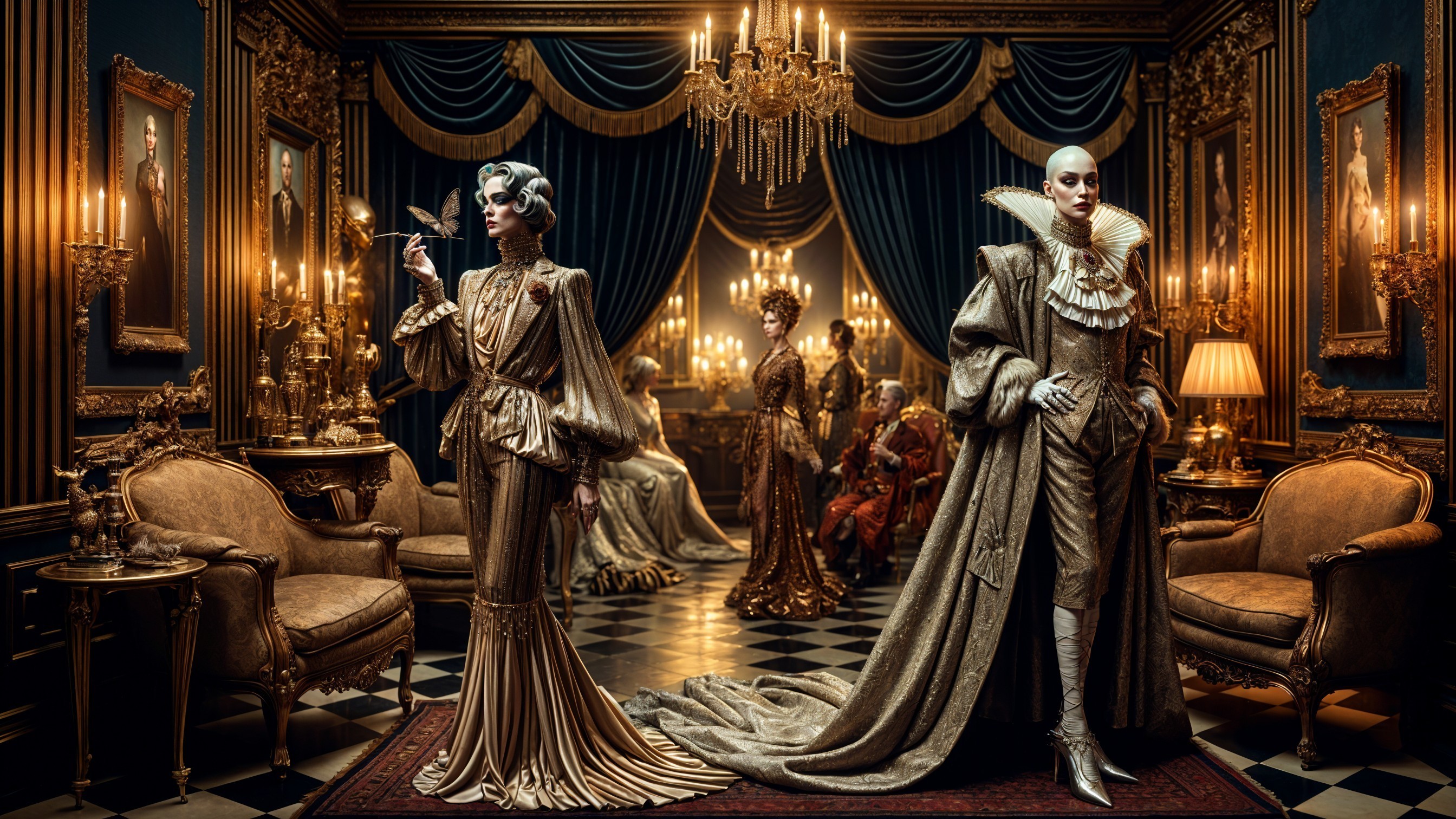 Opulent Vintage Interior with Regal Figures and Furnishings