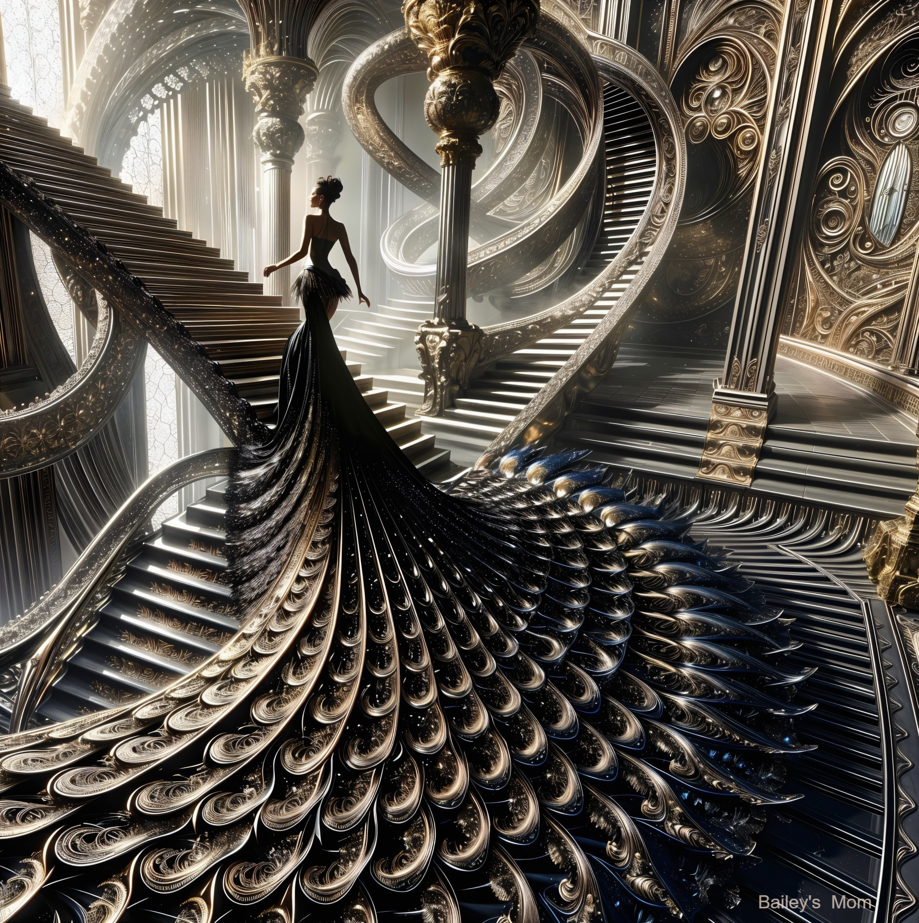 Ornate Gown Figure on Intricate Spiral Staircase