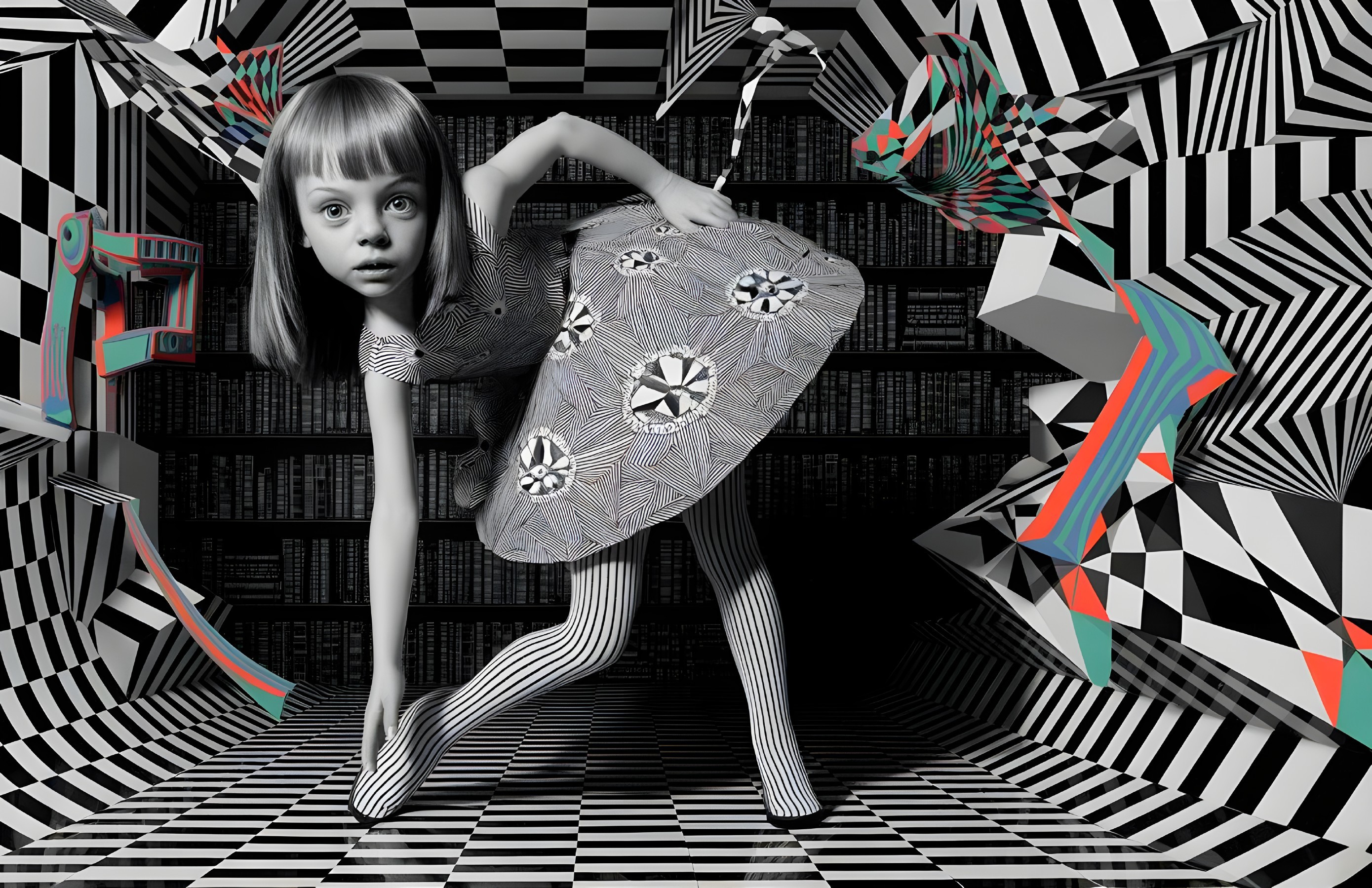 Surreal Black-and-White Scene with Optical Illusions