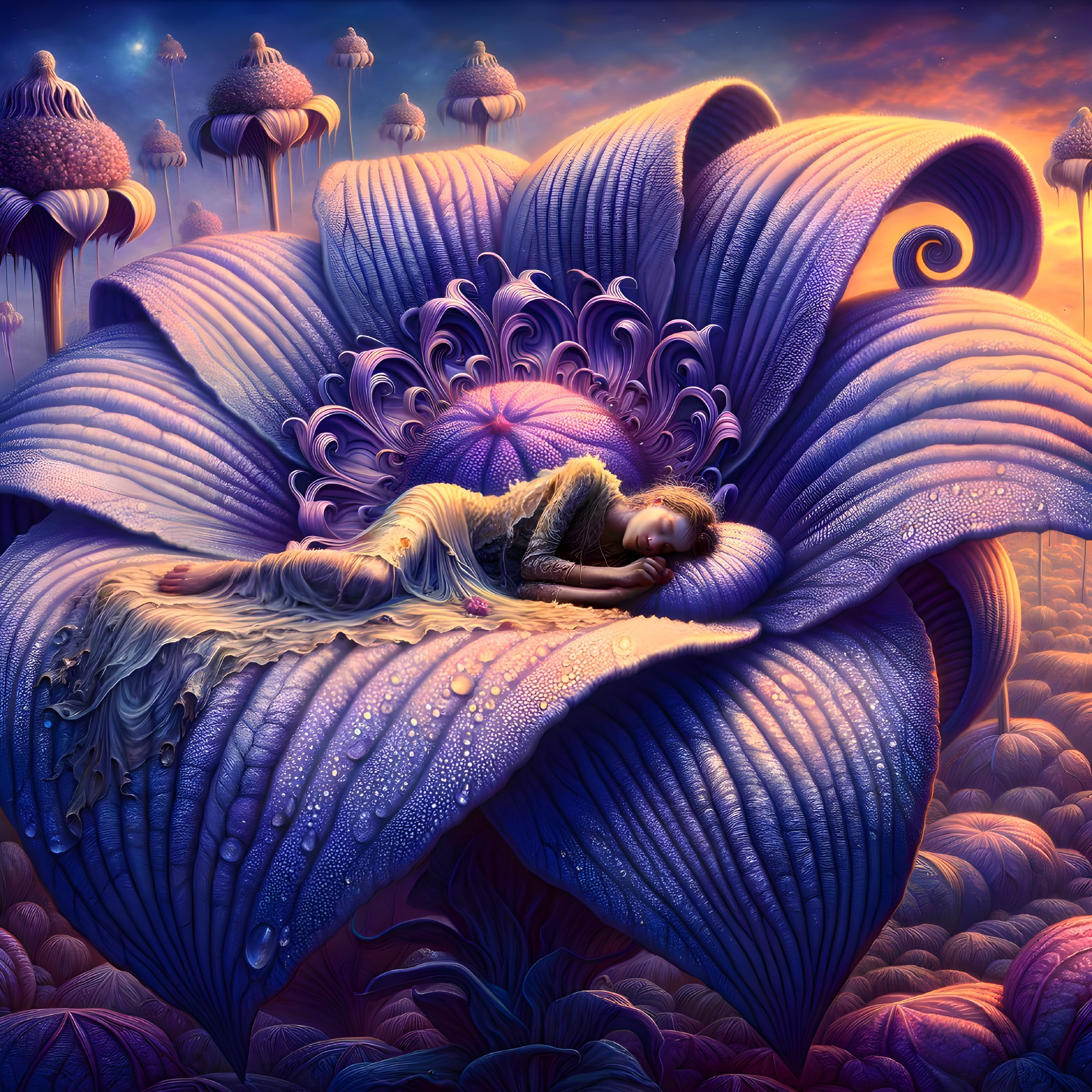 Woman Sleeping in Giant Colorful Blossom Surrounded by Surreal Landscape