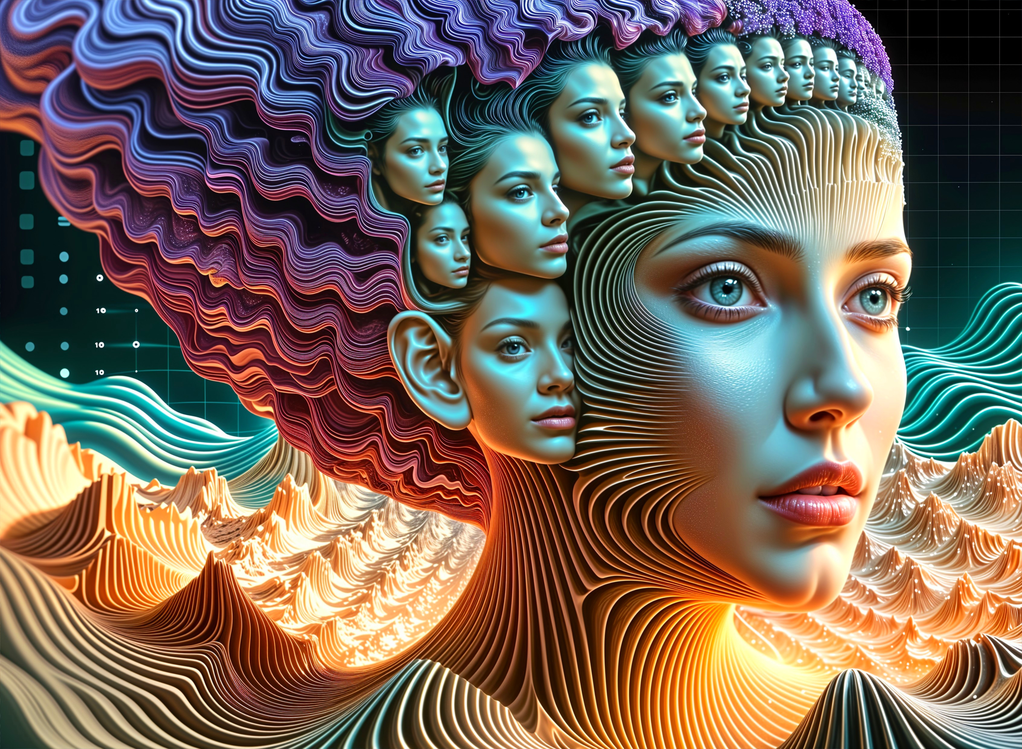 Surreal Digital Artwork of Woman's Face with Smaller Faces