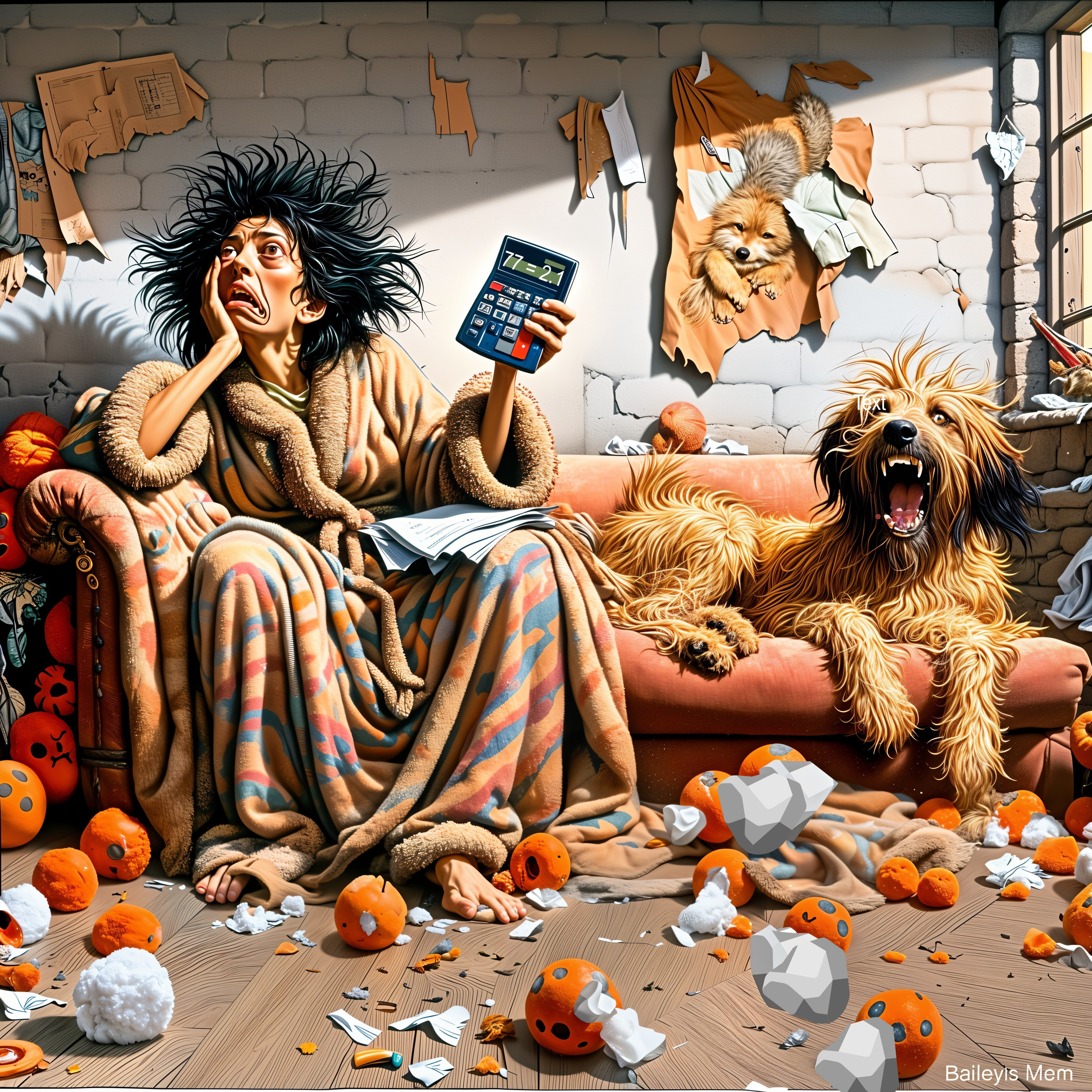 Chaotic Living Room with Disheveled Woman and Dog