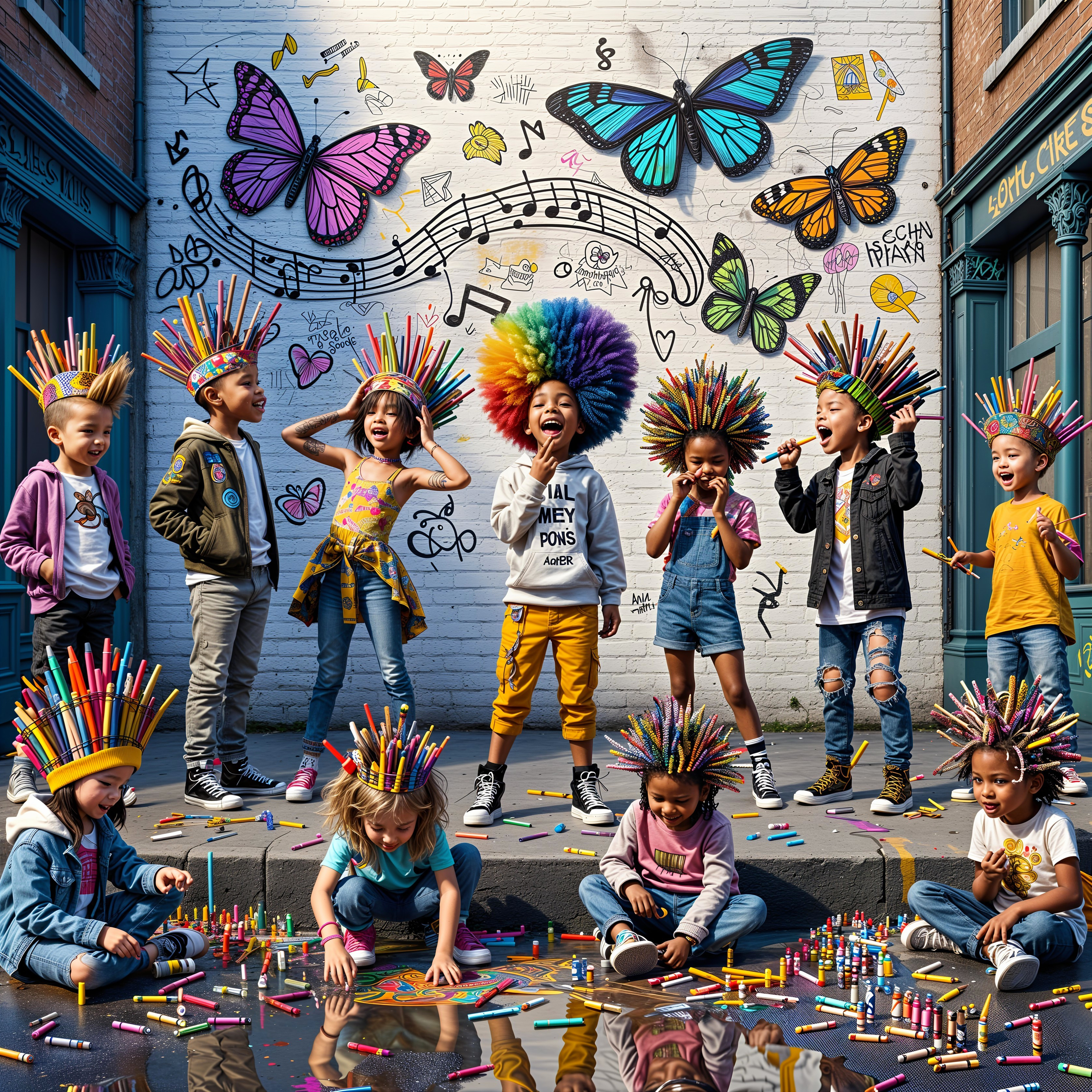 Children with Colorful Pencil Hairdos in Urban Scene