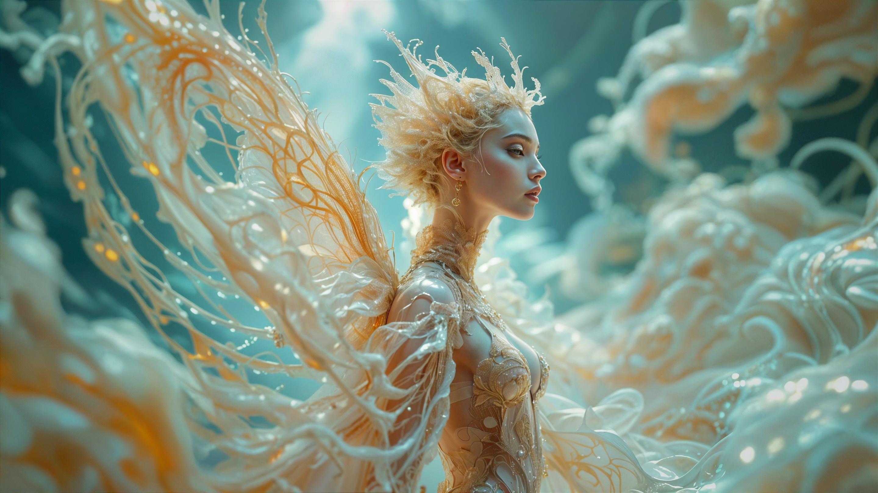 Celestial Figure with Intricate Wings in Dreamy Light