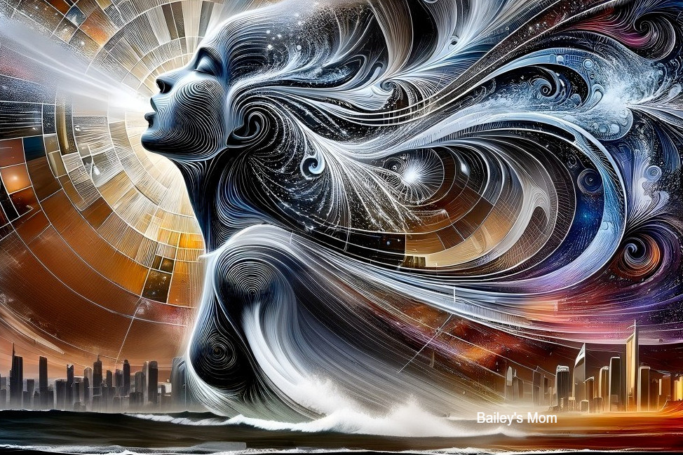 Abstract Cosmic Woman with City Skyline Background