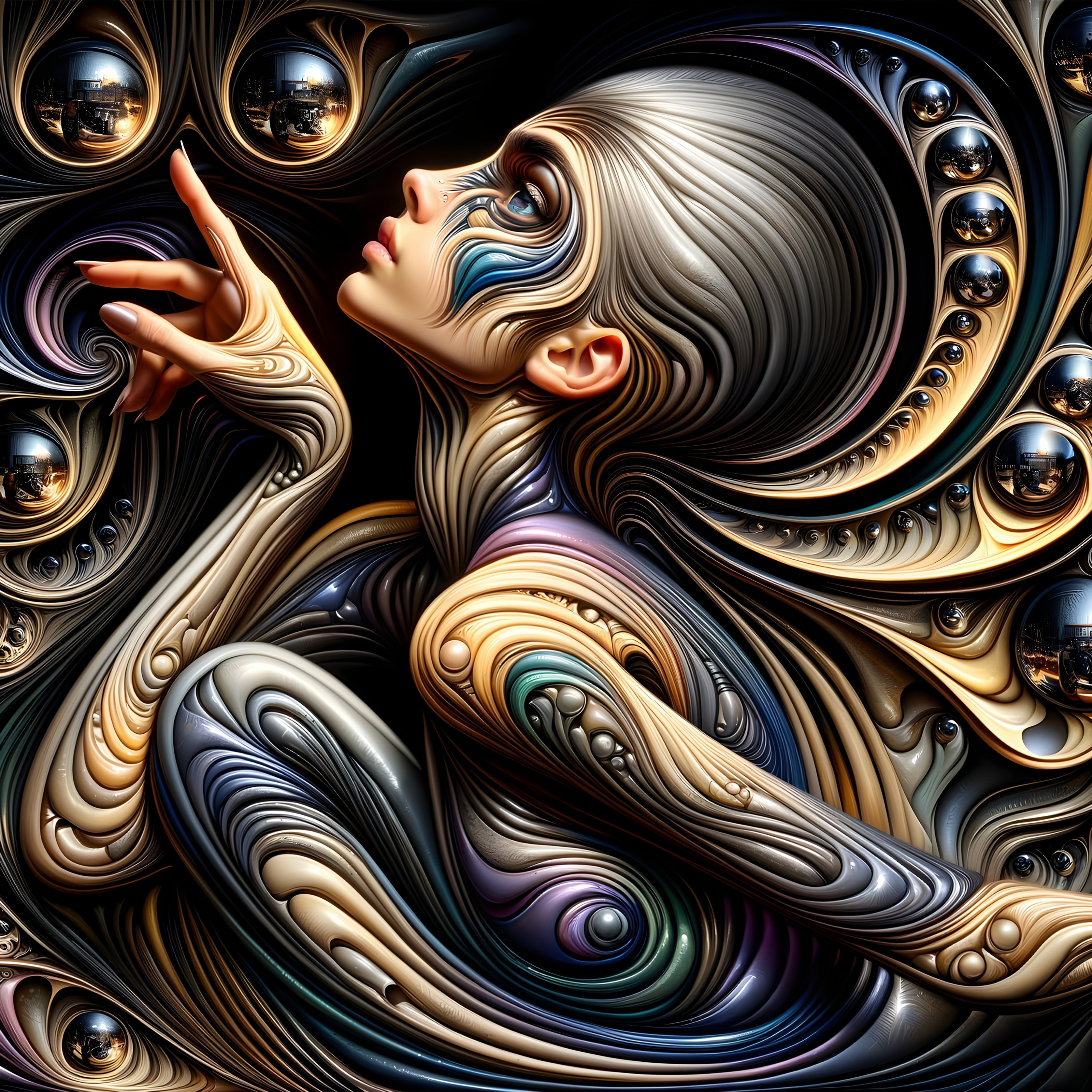 Surreal Figure with Metallic Patterns and Dreamlike Elements