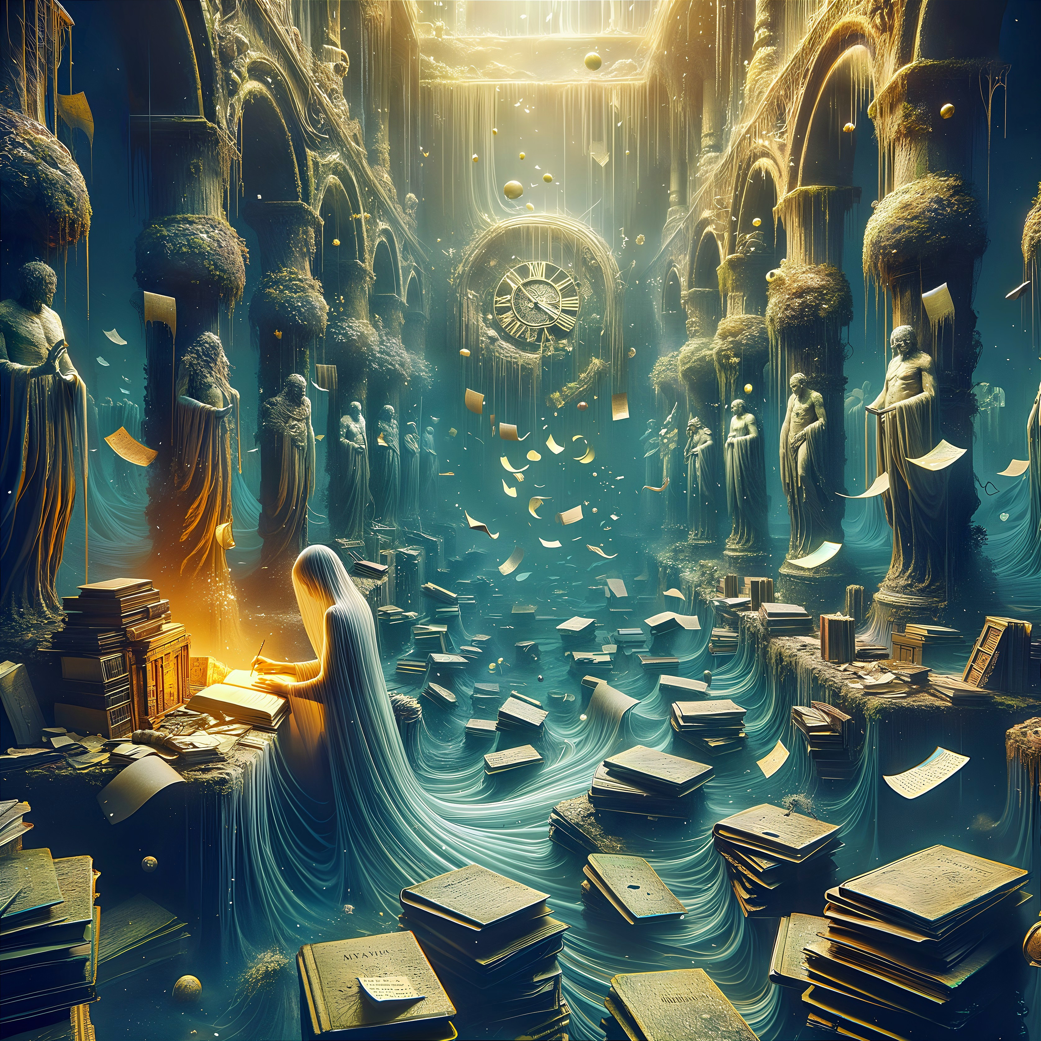 Mystical Library with Floating Books and Golden Light