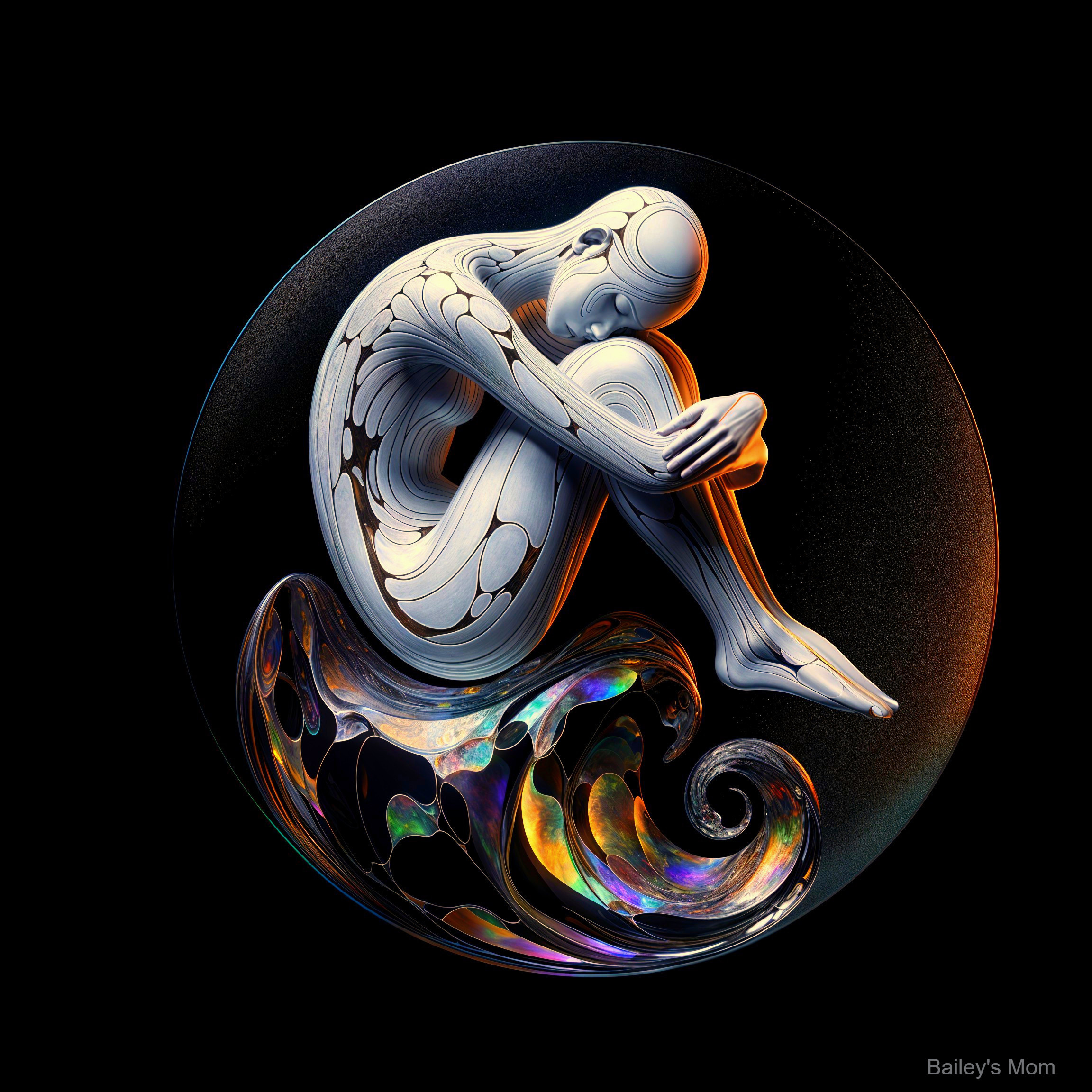 Stylized Humanoid Figure in Protective Pose with Waves