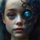Young girl with blue eyes and steampunk mechanical eye