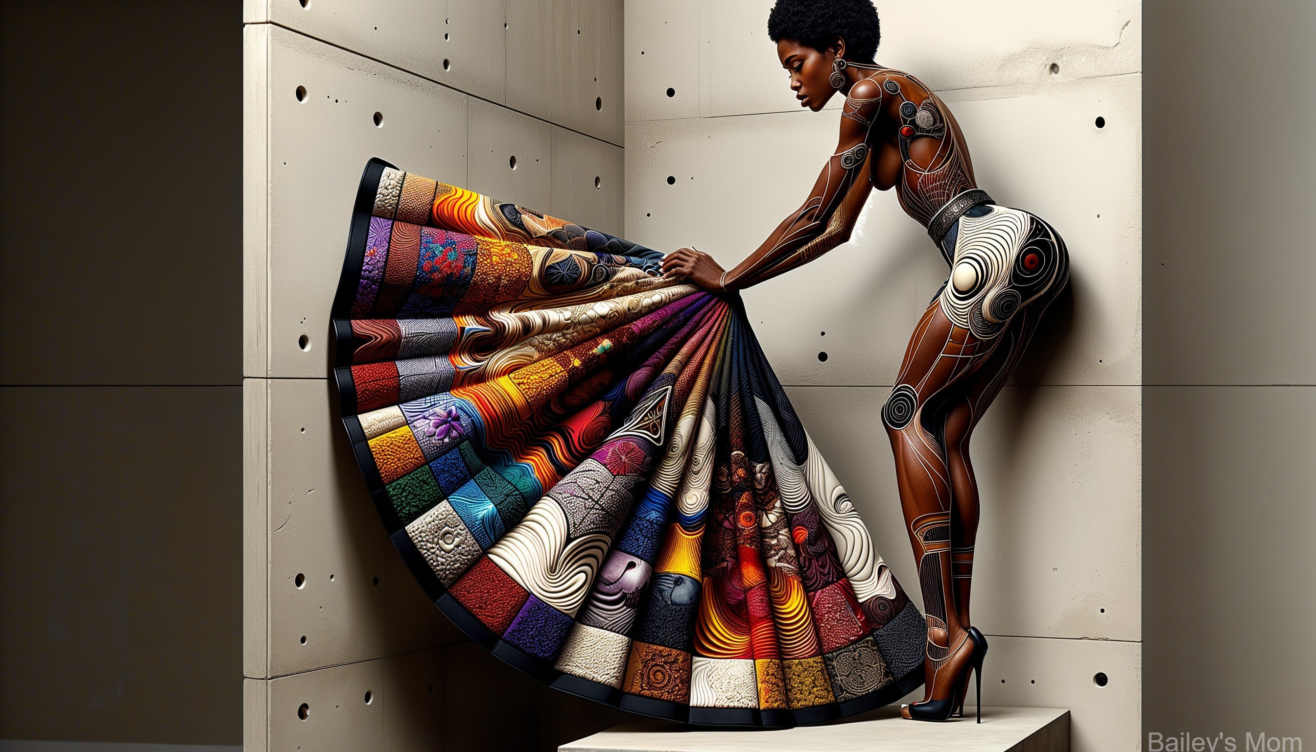 Woman with Intricate Body Paint and Colorful Fan