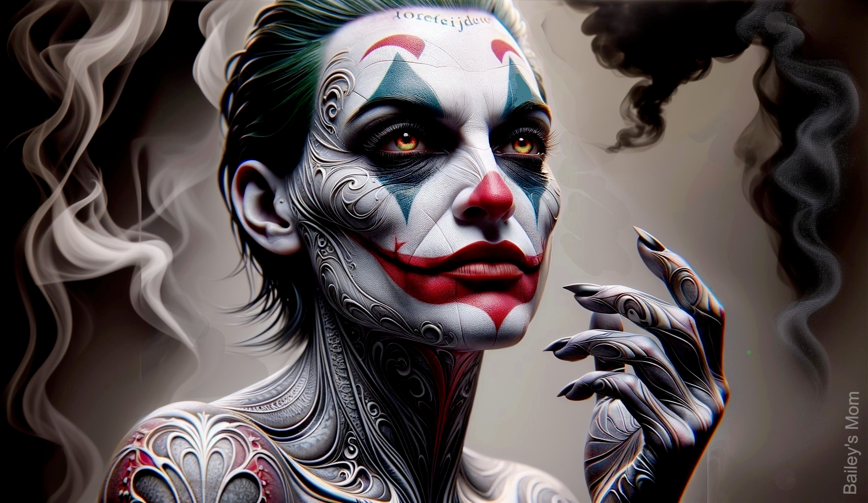Elaborate portrayal of a woman with clown face paint