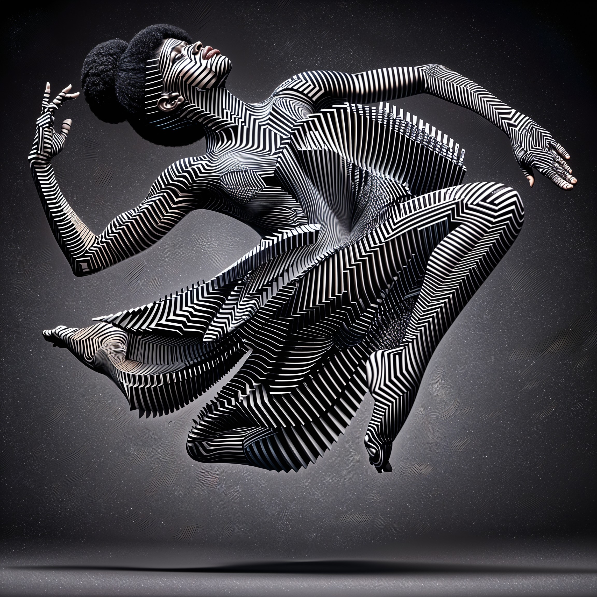 Dynamic Figure with Black and White Stripes in Mid-Air