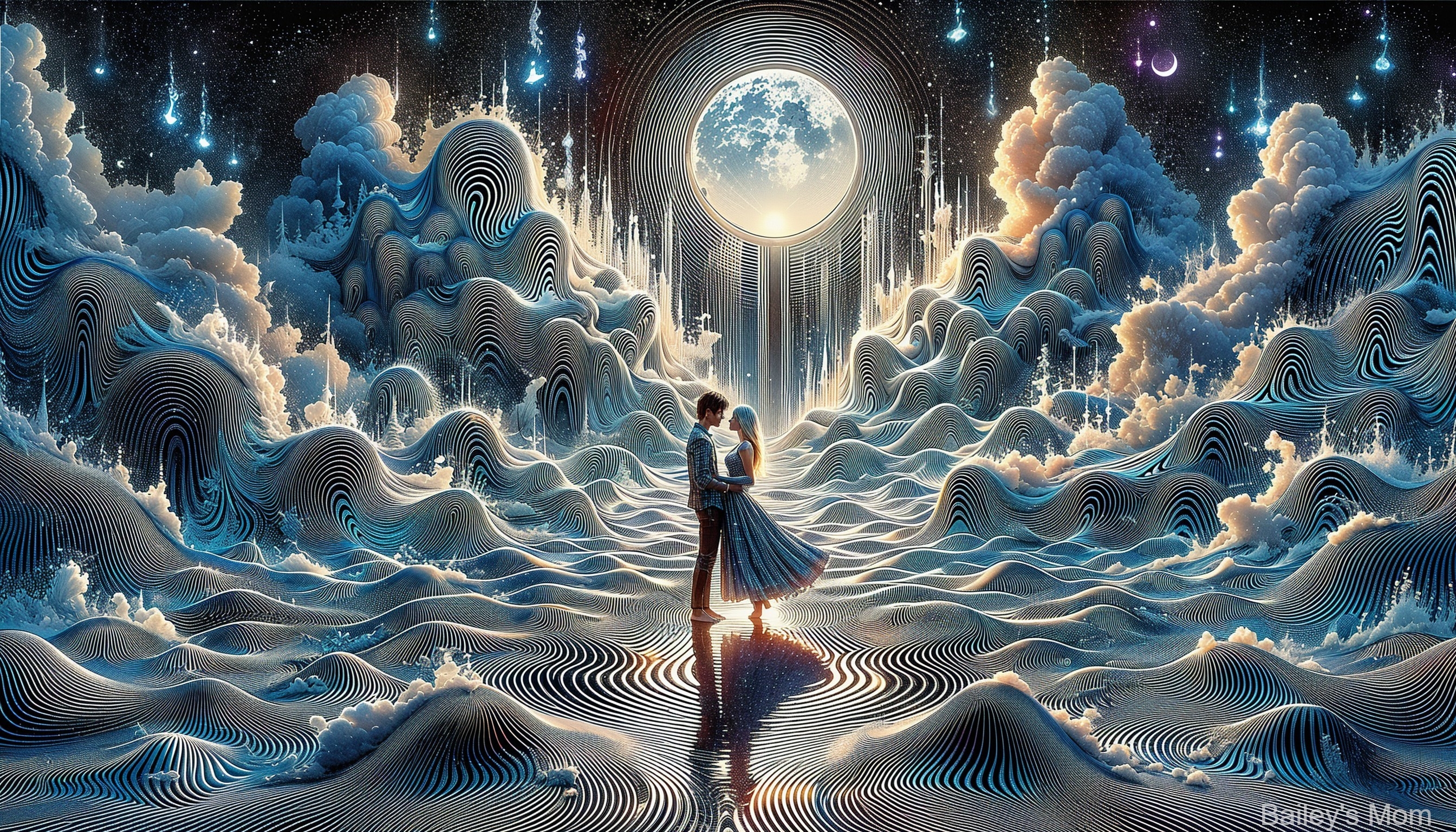 Couple Embracing Under Luminous Moon in Surreal Landscape