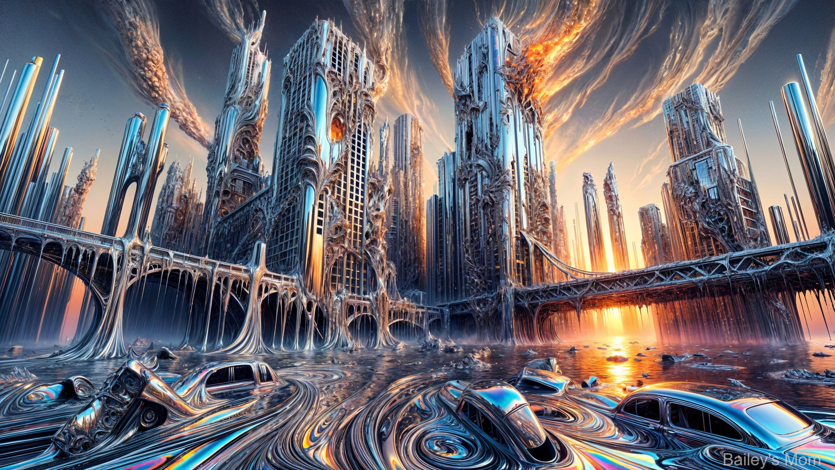 Surreal Cityscape with Metallic Skyscrapers and Decay