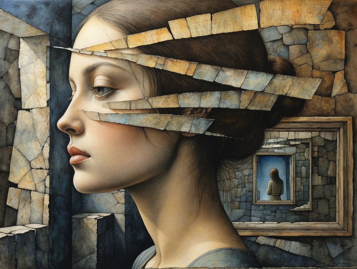 Side Profile of Young Woman in Fragmented Reflection
