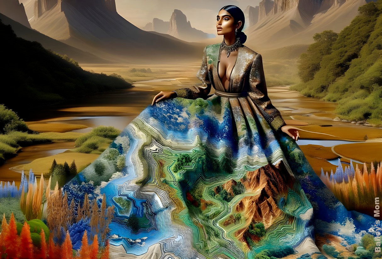 Majestic figure in gown amidst breathtaking landscape