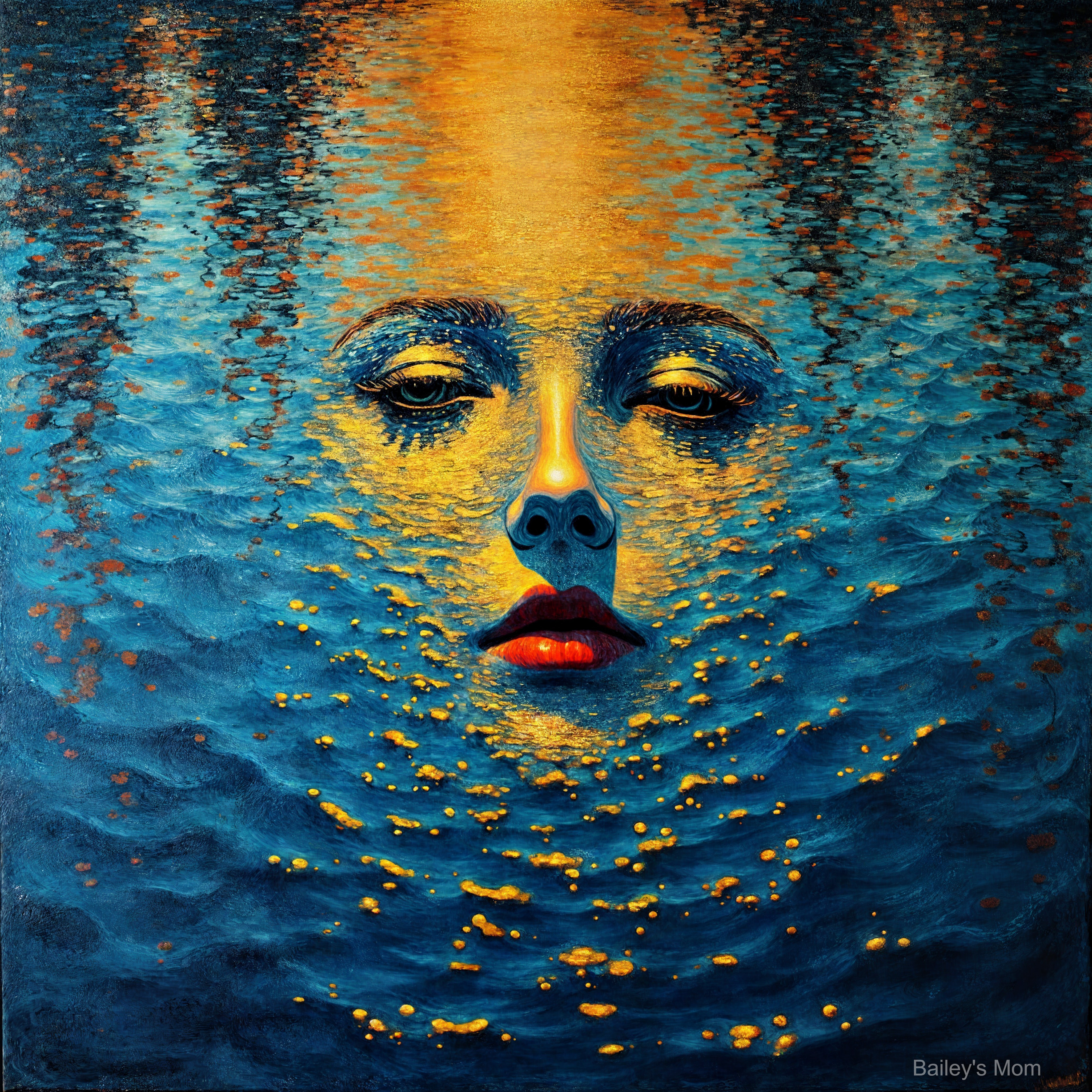 Serene Face Reflected in Shimmering Water at Sunset