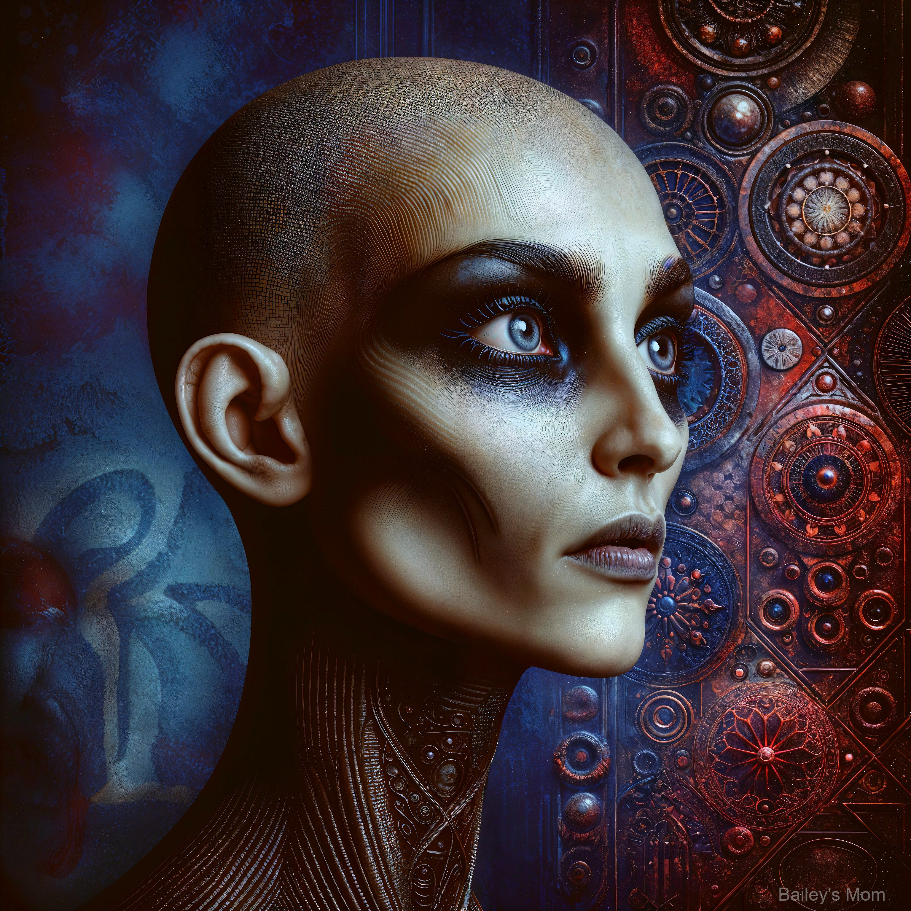 Futuristic humanoid figure with blue eyes and abstract background