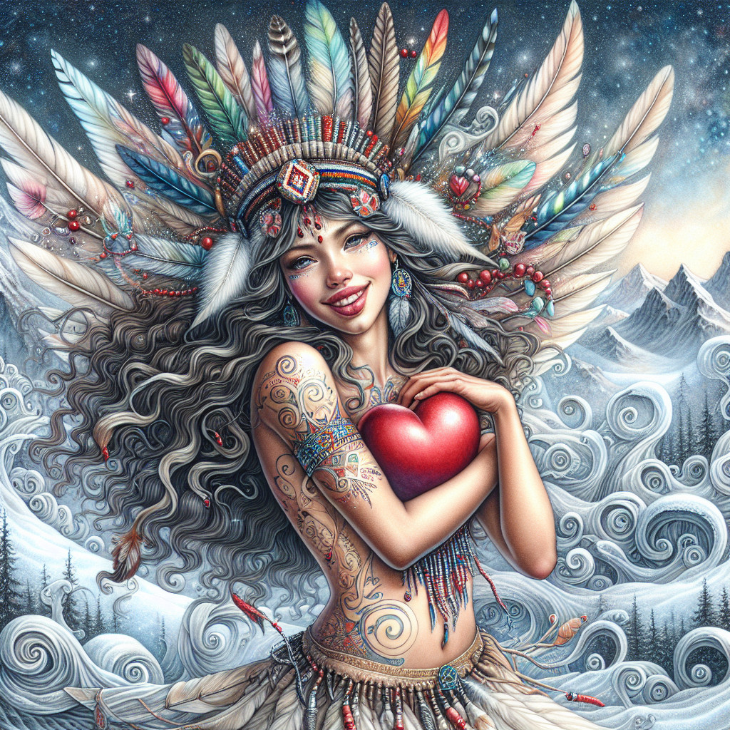 Woman with Feathers and Heart in Mountain Scene
