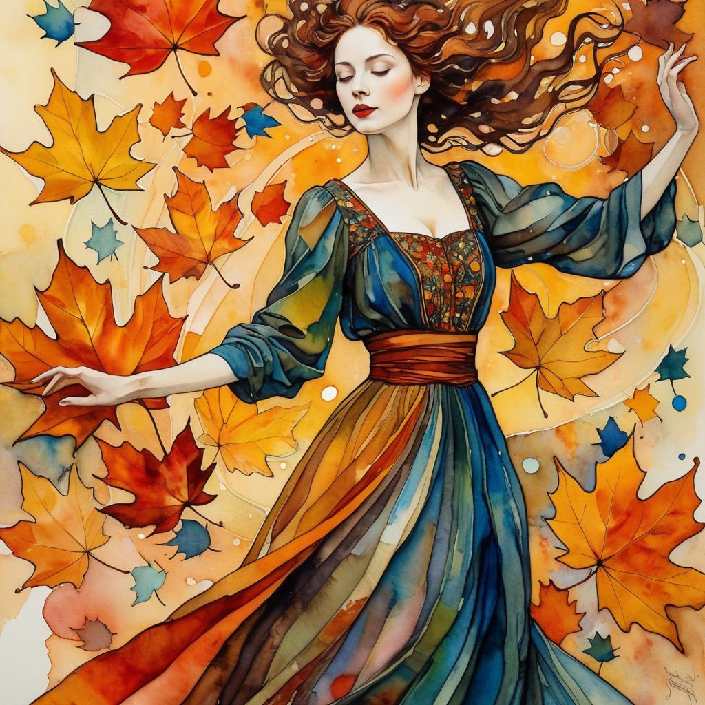Graceful Woman Dancing Amid Vibrant Autumn Leaves