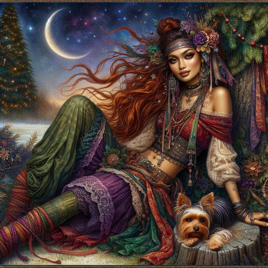 Bohemian Woman in Colorful Attire in Winter Landscape
